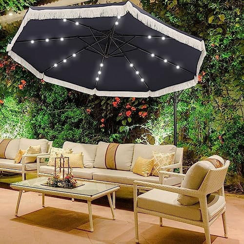 Patio Umbrella 10Ft Outdoor Offset Hanging Umbrella Solar 24 LED Lights With Fringe Tassel Easy Lift 99% UV Protection Fade Resistant Outdoor Umbrella Backyard Poolside Lawn Navy Blue