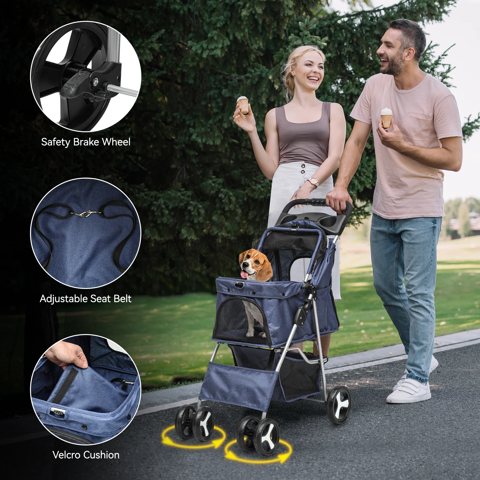 Dextrus 4 Wheel Foldable Dog Stroller with Storage Basket, Pet Stroller with 360? Rotation Wheel, for Small Medium Dogs & Cats,Navy Blue
