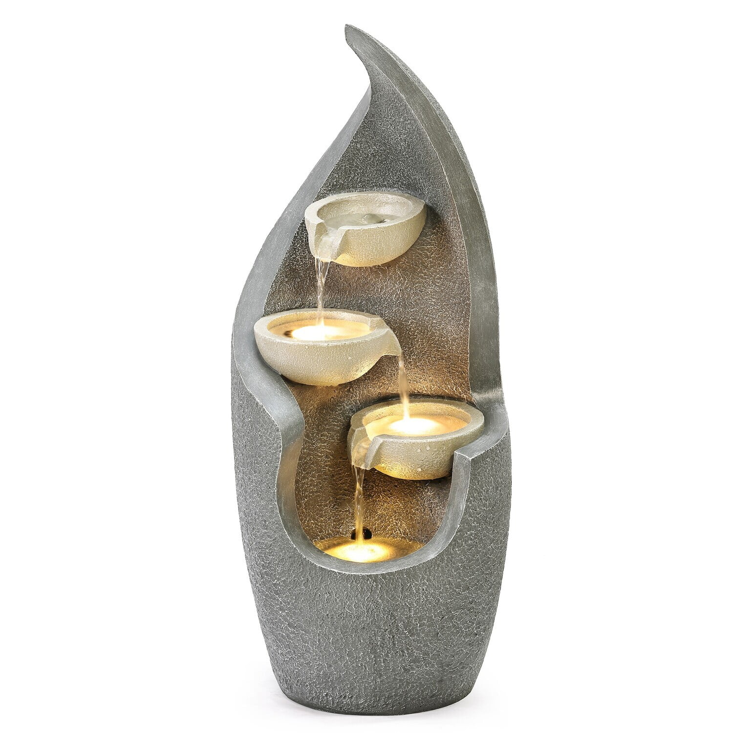 HomeStock Classic Comfort Gray Curves Cascading Bowls Resin Outdoor Fountain With Led Lights