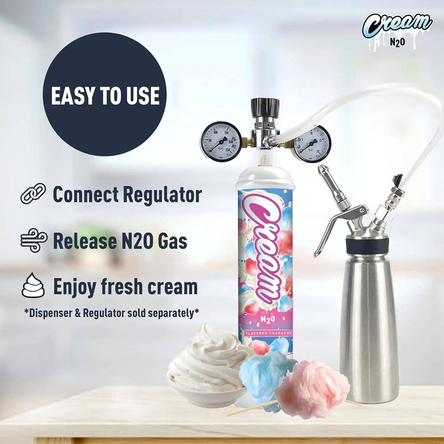 CREAM N2O Nitrous Oxide Whipped Cream Charger (Cotton Candy, 1pc, 640g 1.1L) - Nitrous Tank Whip Cream Charger, Nitrous Oxide Canister, Whip It N20 Whipped Cream Chargers, Whippets Nitrous Oxide Tank