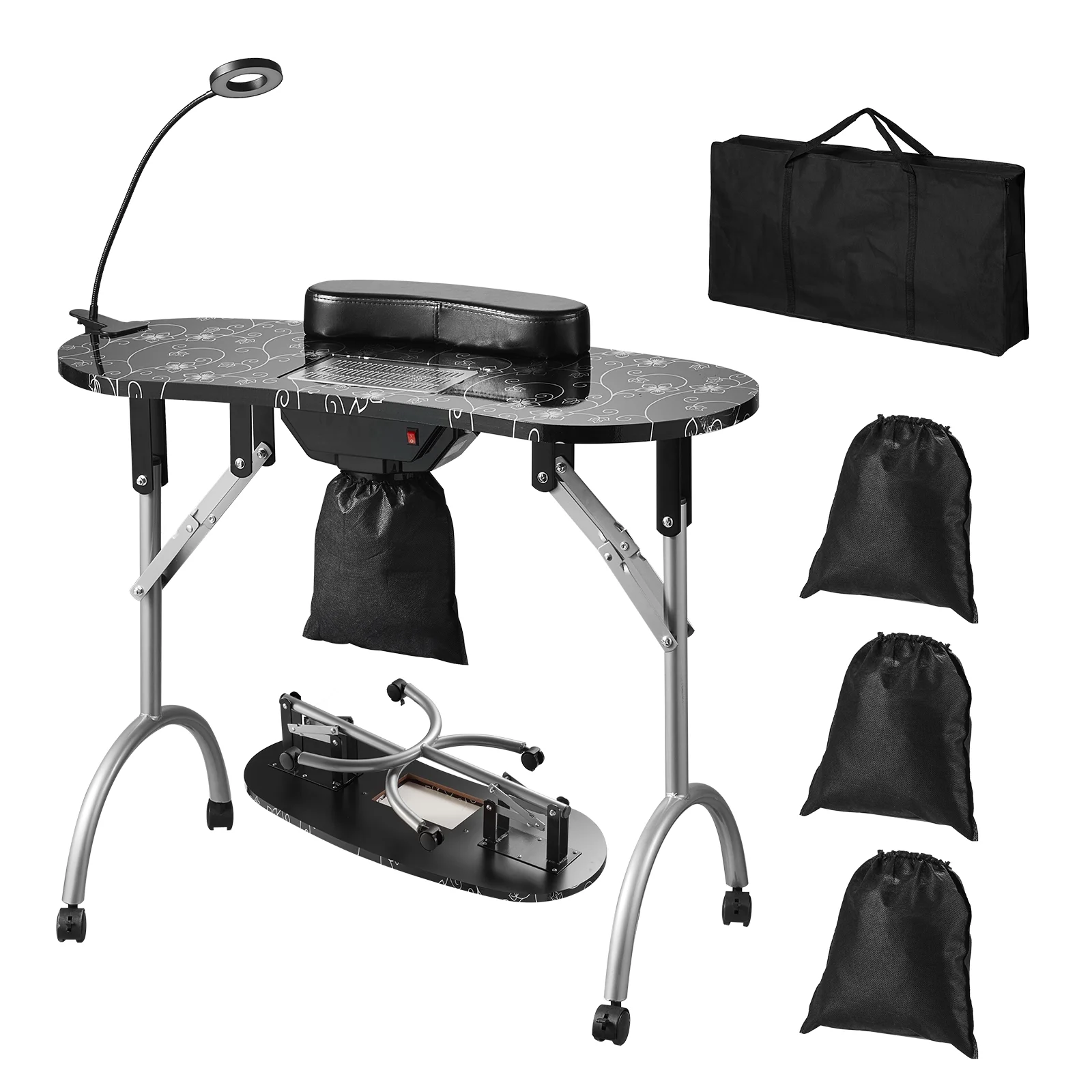 SKYSHALO Portable Manicure Table, Portable & Foldable Nail Desk Workstation with Electric Dust Collector, Moveable Nail Tech Desk & 4 Wheels, 3 Dust Bags, Bendable LED Lamp, MDF Nail Art Workstation