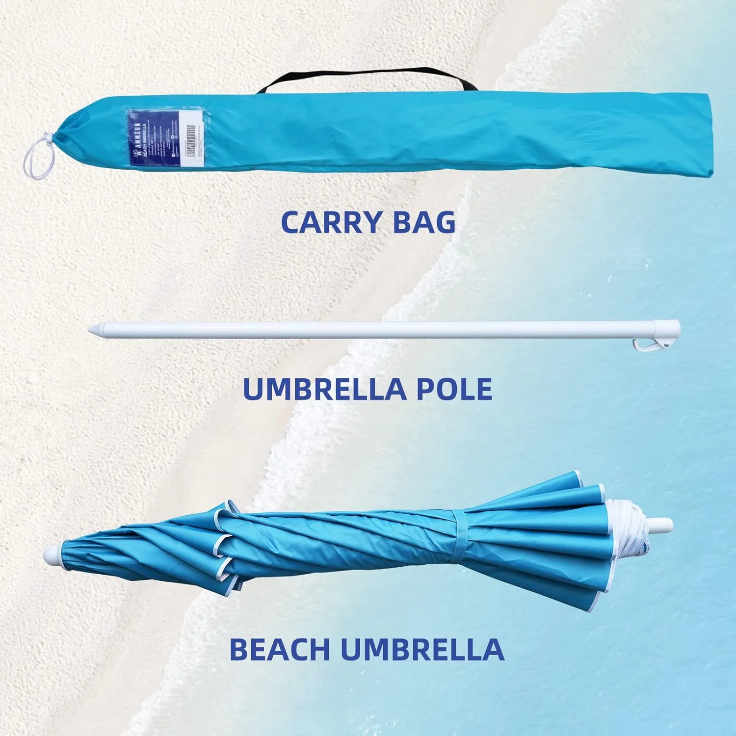AMMSUN 6.5ft Heavy Duty Beach Umbrella with Tilt Sun Shelter & UV Protection & Carry Bag,Sky Blue