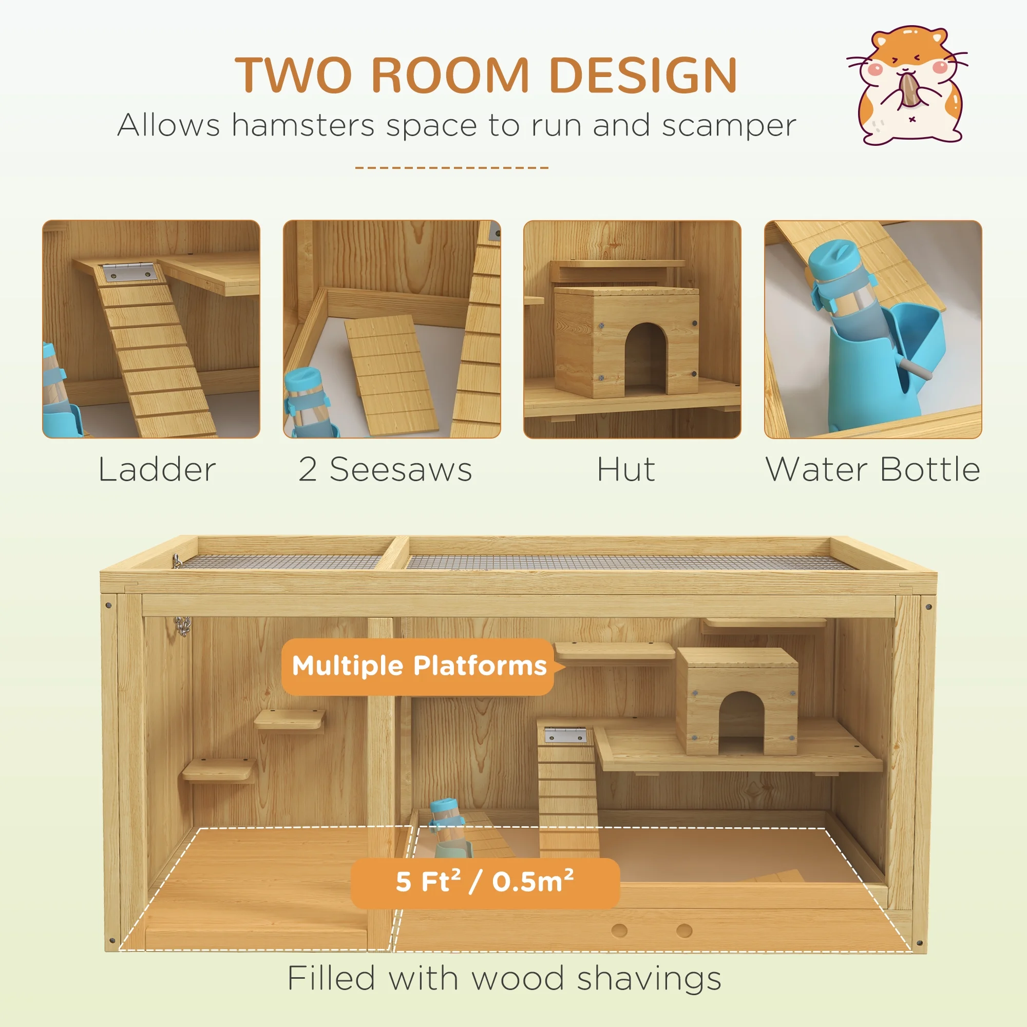 PawHut Extra Large Wooden Hamster Cage with Pull-out Tray, Seesaws, Ladder