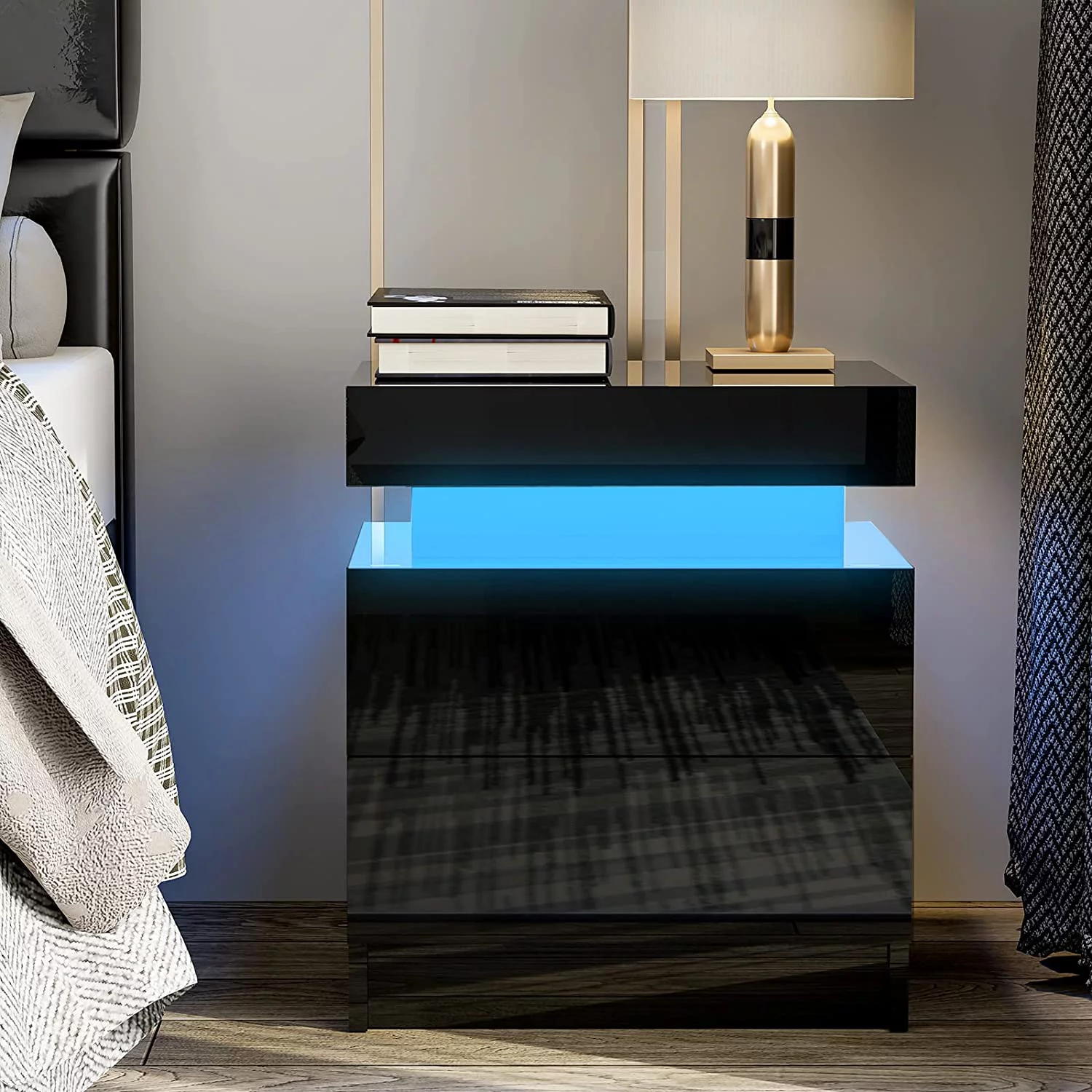 IKIFLY Black Modern LED Nightstand with 2 Drawers/High Gloss Bedside Tables with Changing LED Lights/End Side Table for Bedroom Living Room Furniture - Black