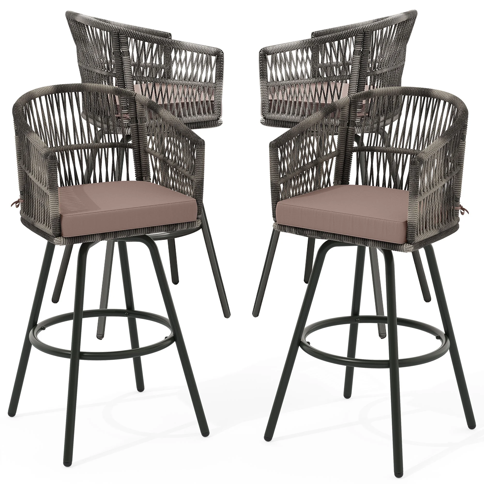 Dextrus Set of 4 Outdoor Rattan Wicker Bar Stools, Swivel Patio Bar Height Chairs, Counter Height Barstool with Cushions, Armrest and Footrest for Indoor, Garden, Poolside, Lawn, Backyard, Black