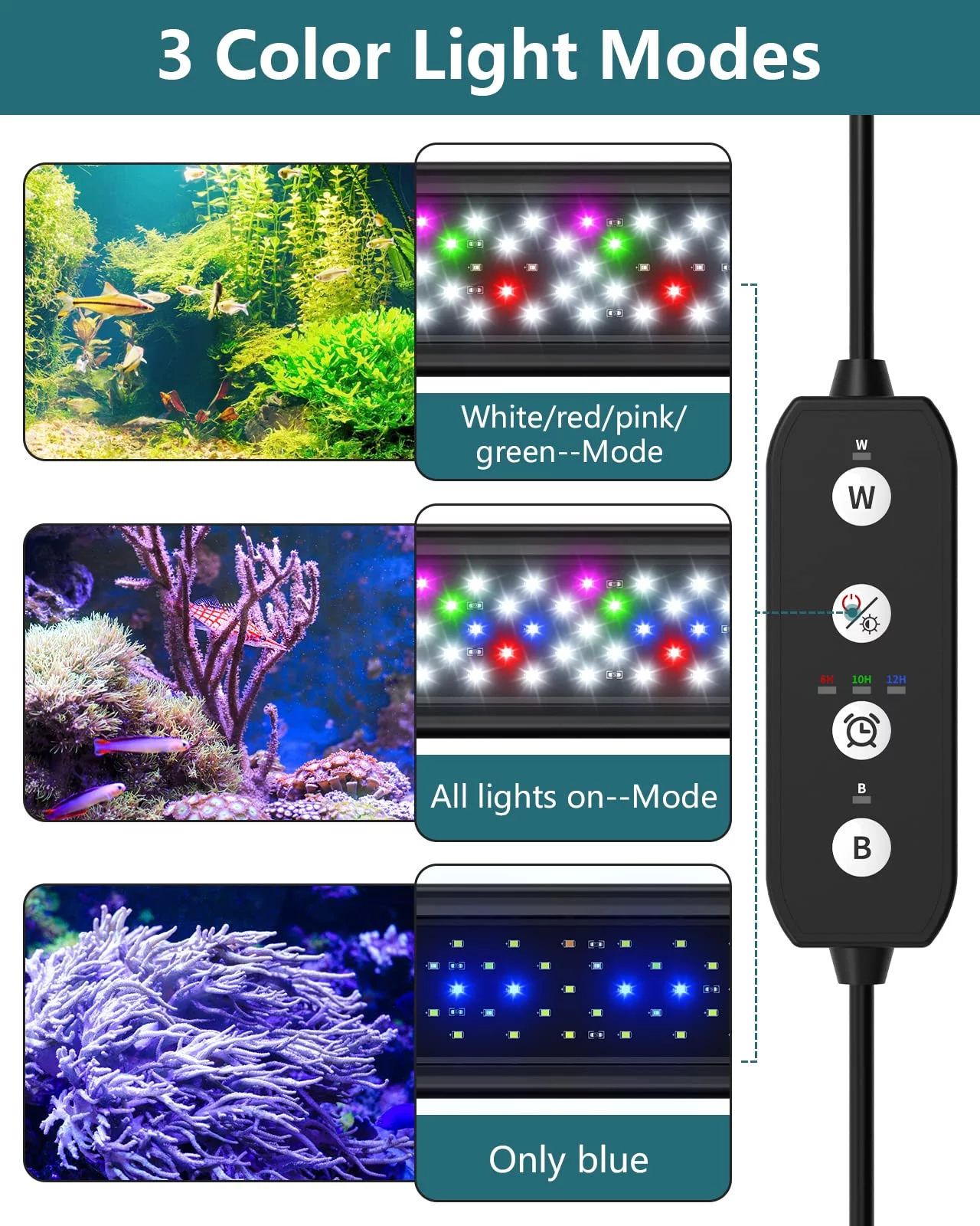Tawatiler 10W LED Aquarium Light,Fish Tank Light with Extendable Bracket and Timer Auto On/Off, Adjustable Brightness & DIY Mode,3 Colors for Planted Tank