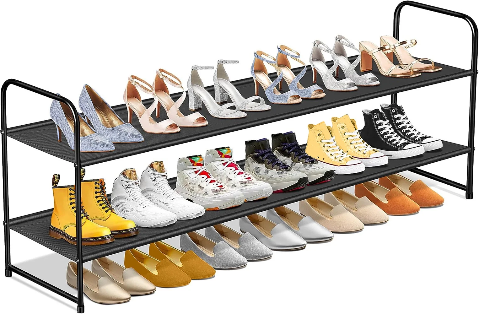 MISSLO Stackable Long Shoe Rack, 2-Tier Wide Shoe Rack Organizer Holds 18-Pairs Shoe Stand Shelf Storage for Closet, Bedroom, Floor, Entryway (Black)