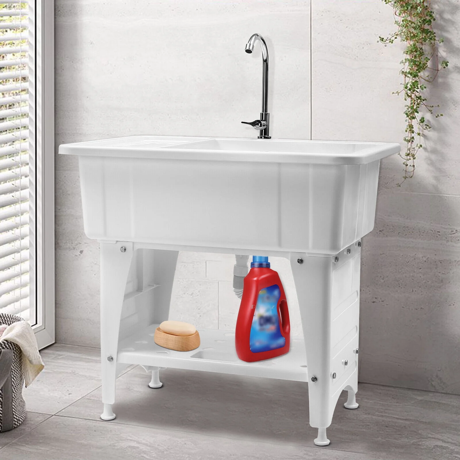 White Utility Sink Laundry Tub Freestanding Sink Wash Station w/ Faucet Home