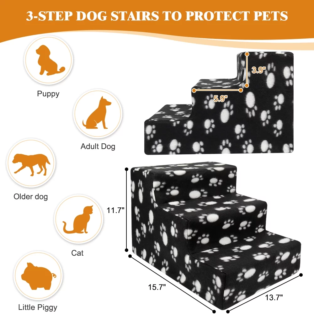 Vivifying Pet Stairs 3 Steps Indoor Dog Cat Steps Bed Ramp for Puppies up to 45 lbs Black with Paw
