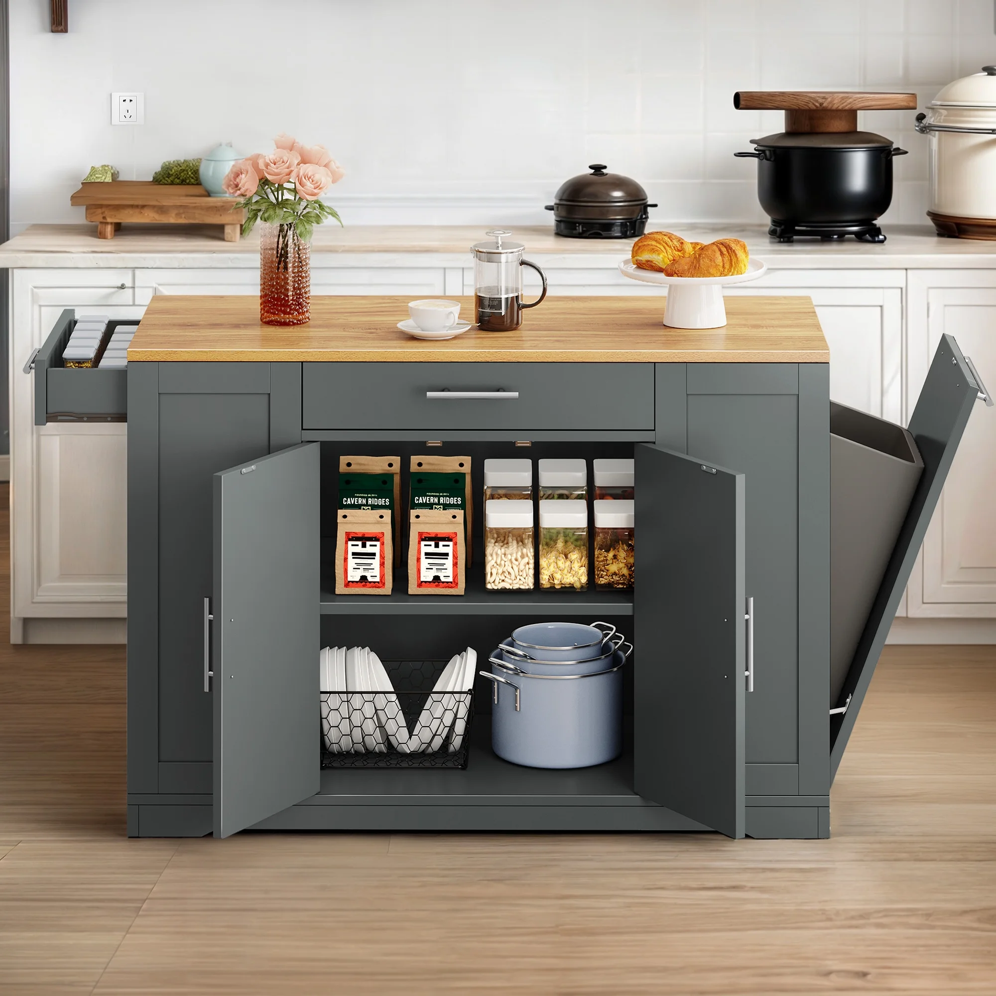 Dextrus Kitchen Island Cart with Trash Can Storage Cabinet, Rolling Kitchen Island Storage with Wheels and Drawers for 13-Gallon Trash Bin, Gray