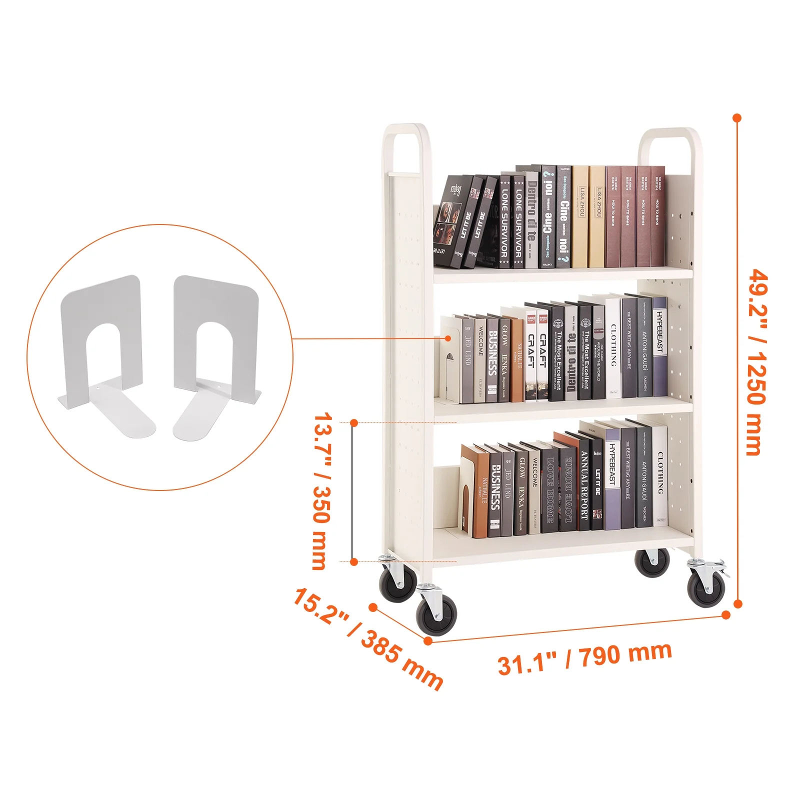 SKYSHALO Book Cart Library Cart 330 lbs Capacity with L-Shaped Shelves in White