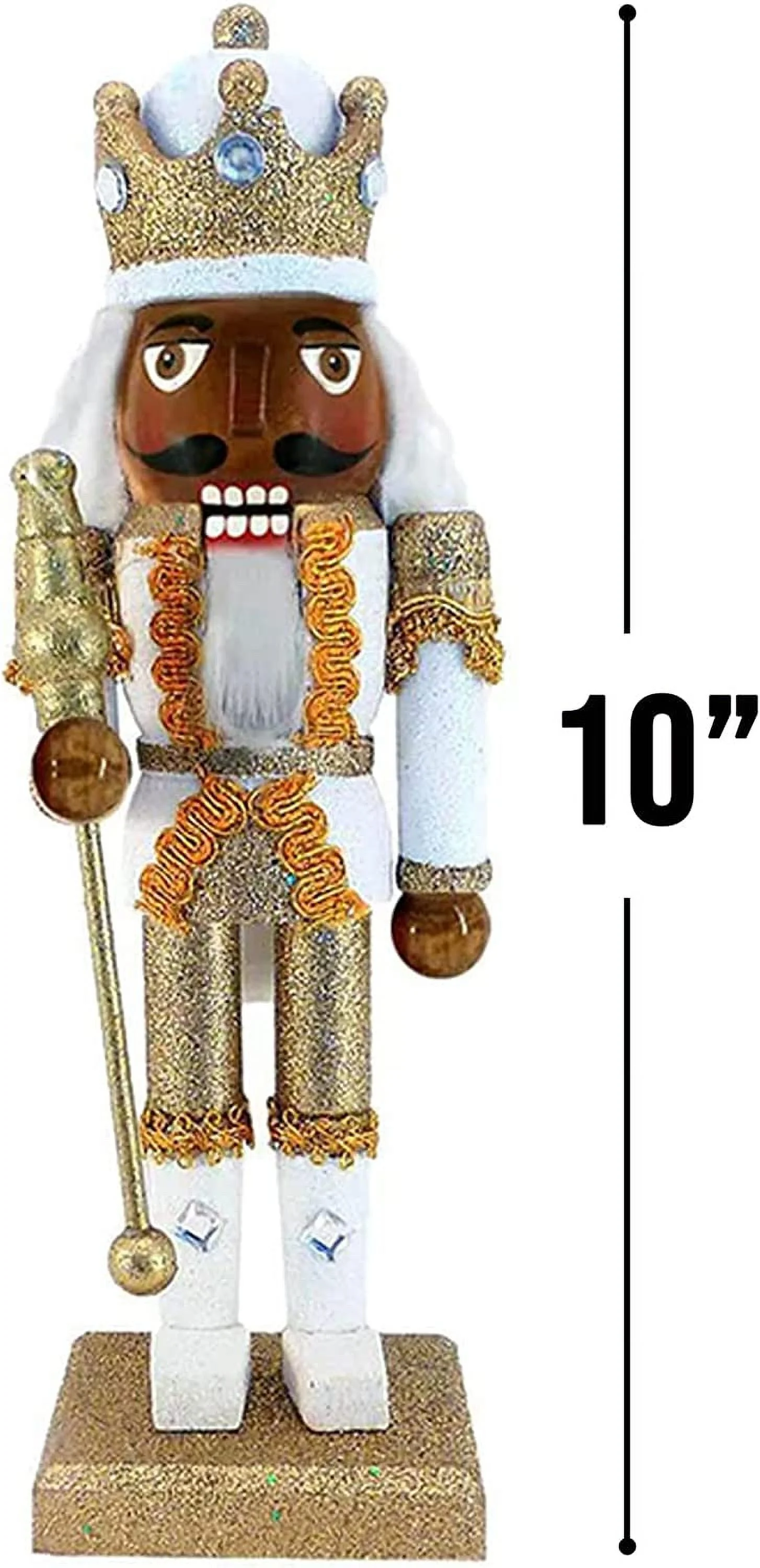 Nutcracker Ballet Gifts, King Nutcracker Christmas Ornaments, African American Wooden Figure Decoration with White and Gold Uniform for Holiday Home Decor, Ideal Xmas Ornament, 10 Inch African American Gold/White 10 in
