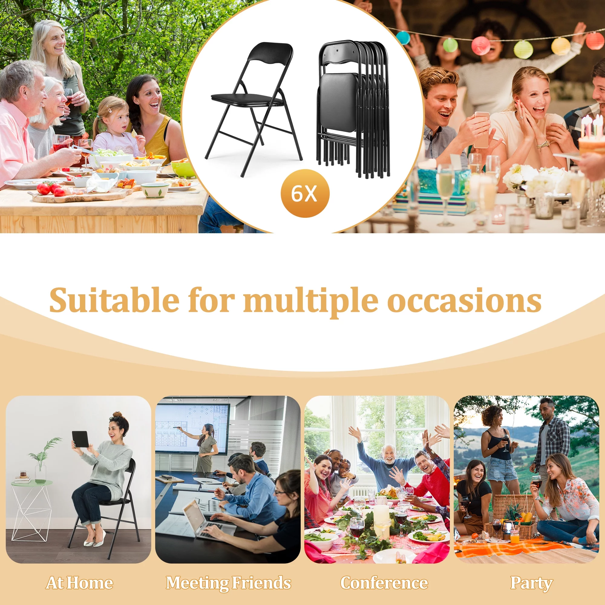 Jaxpety 6 Pack Commercial Plastic Folding Chairs Stackable Wedding Party Event Black