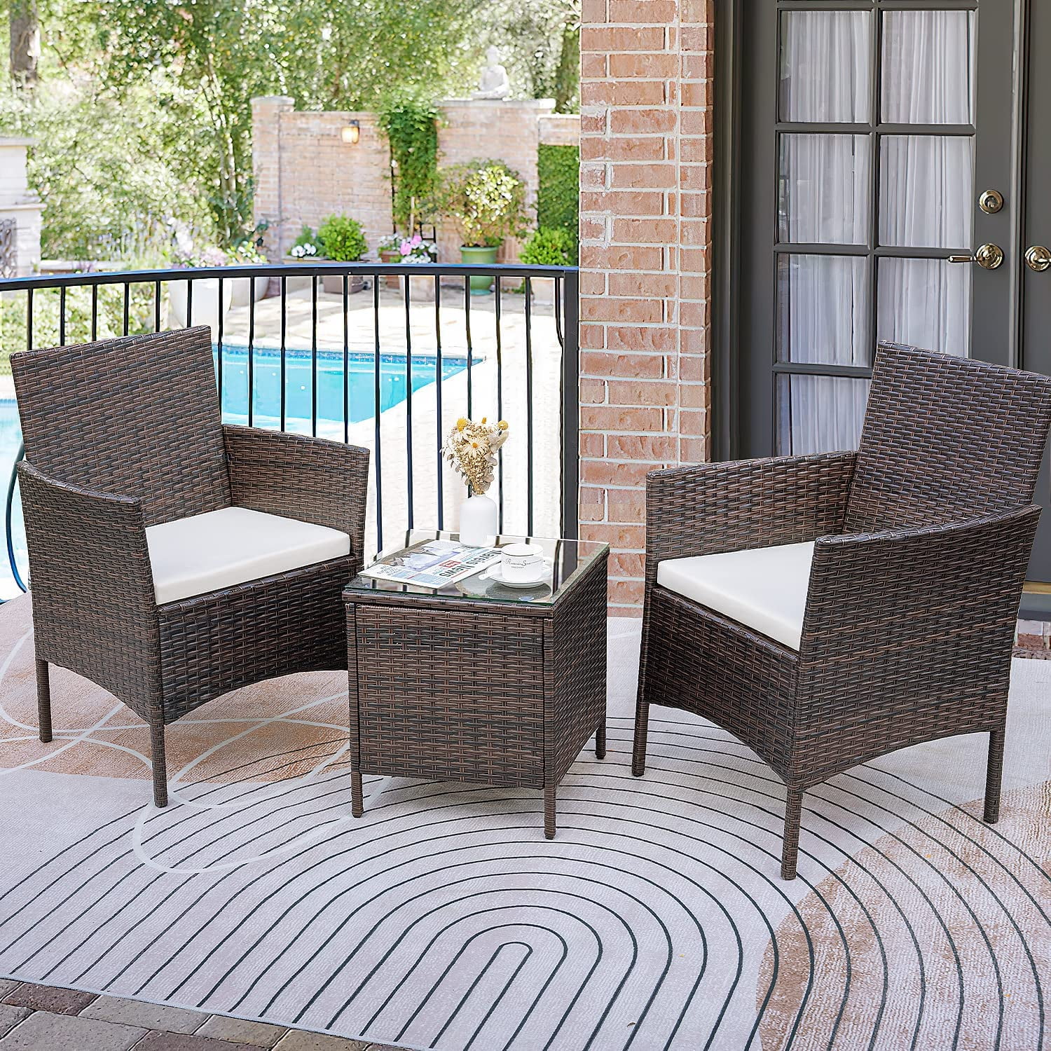 Patio Chairs Set of 2 Outdoor Front Porch Furniture Bistro Set 3 Piece Wicker Patio Chairs Balcony Furniture for Backyard Patio Balcony Lawn Pool (Brown)