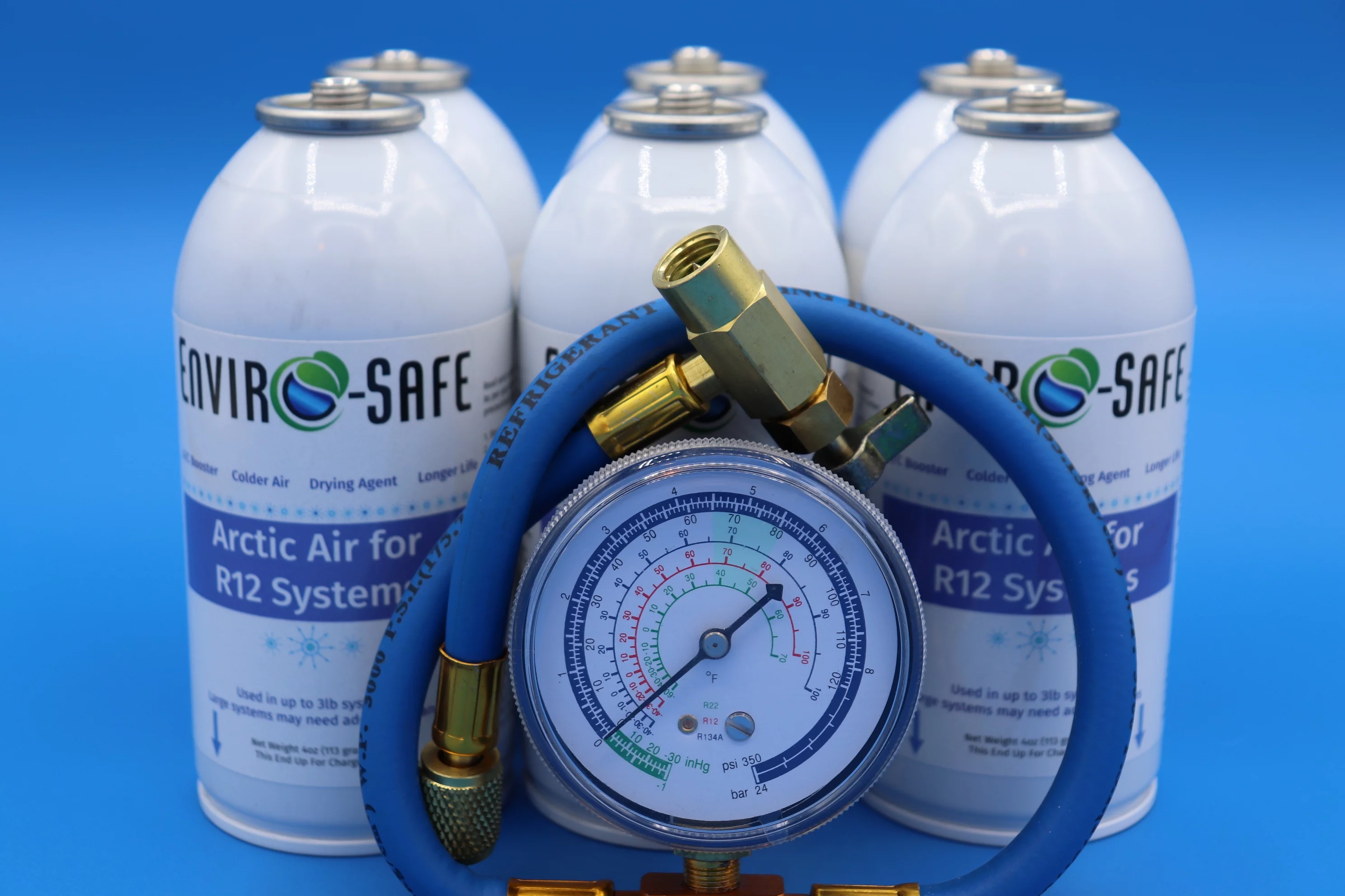 Arctic air for R12a systems, 6 cans and charging gauge, R-12, R12a