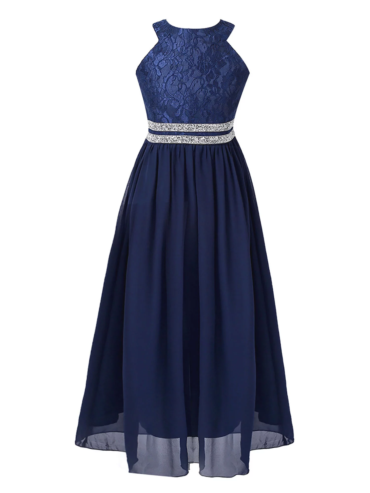 iiniim Kids Lace Floral Flower Girls Dress Sequins Halter Chiffon Dress Long Maxi Junior Bridesmaid Gown A Navy Blue 12