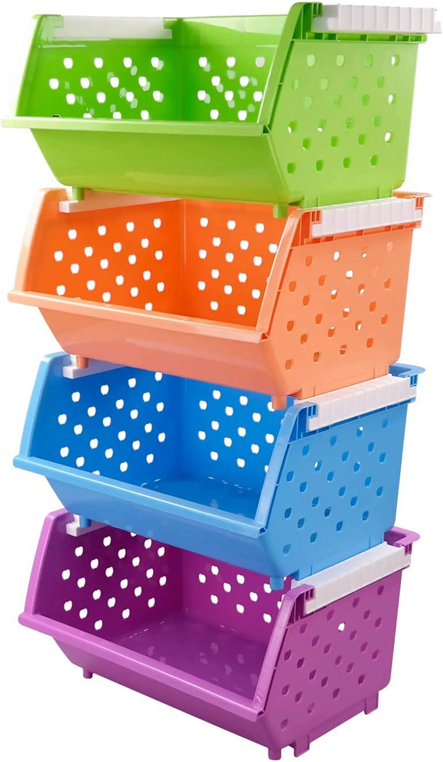 4-Pack Large Stackable Storage Bins, Colored Plastic Stacking Basket