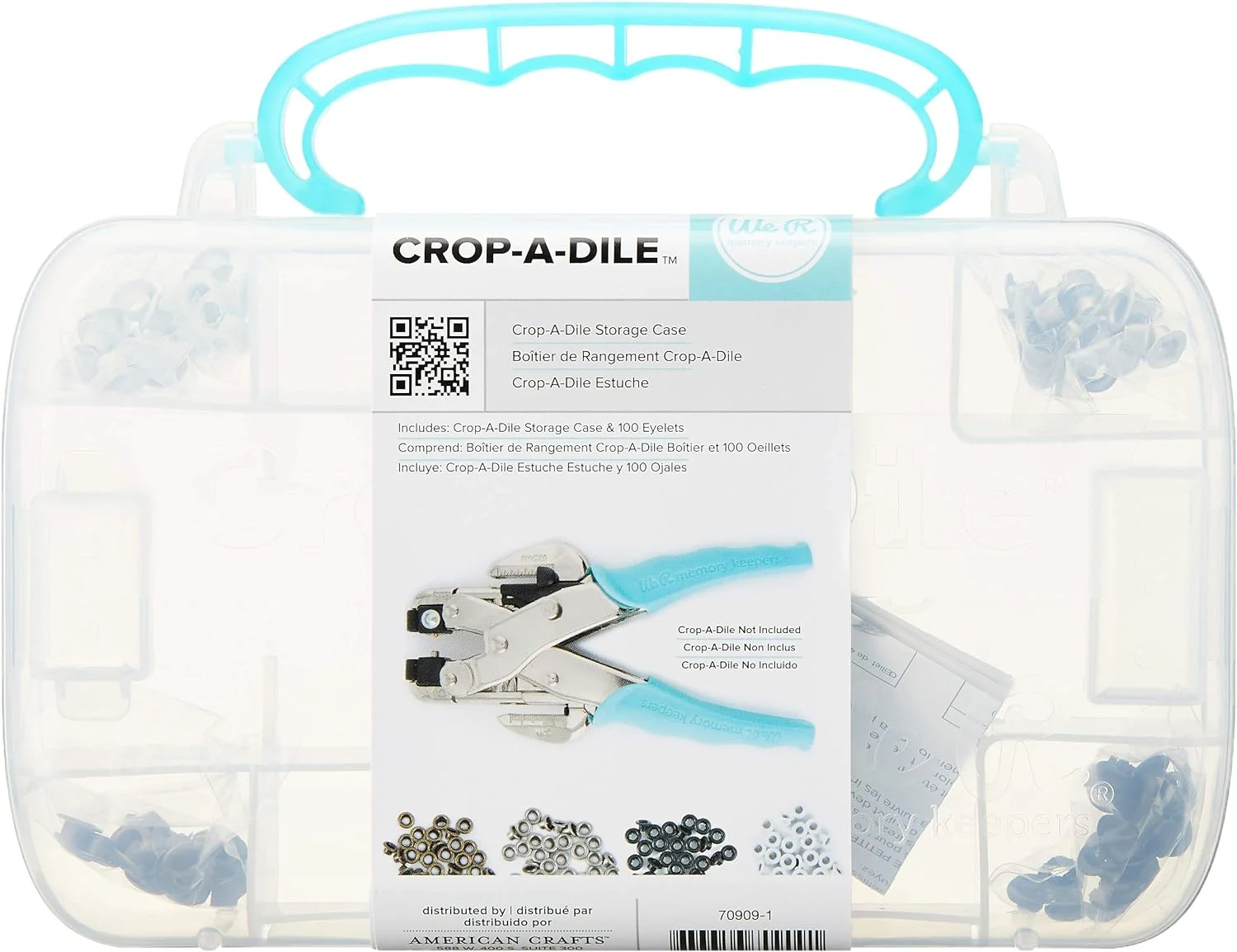 Crop-A-Dile Carrying Case by We R Memory Keepers | Includes heavy-duty-plastic carrying case with teal handle, and 100 eyelets in assorted colors