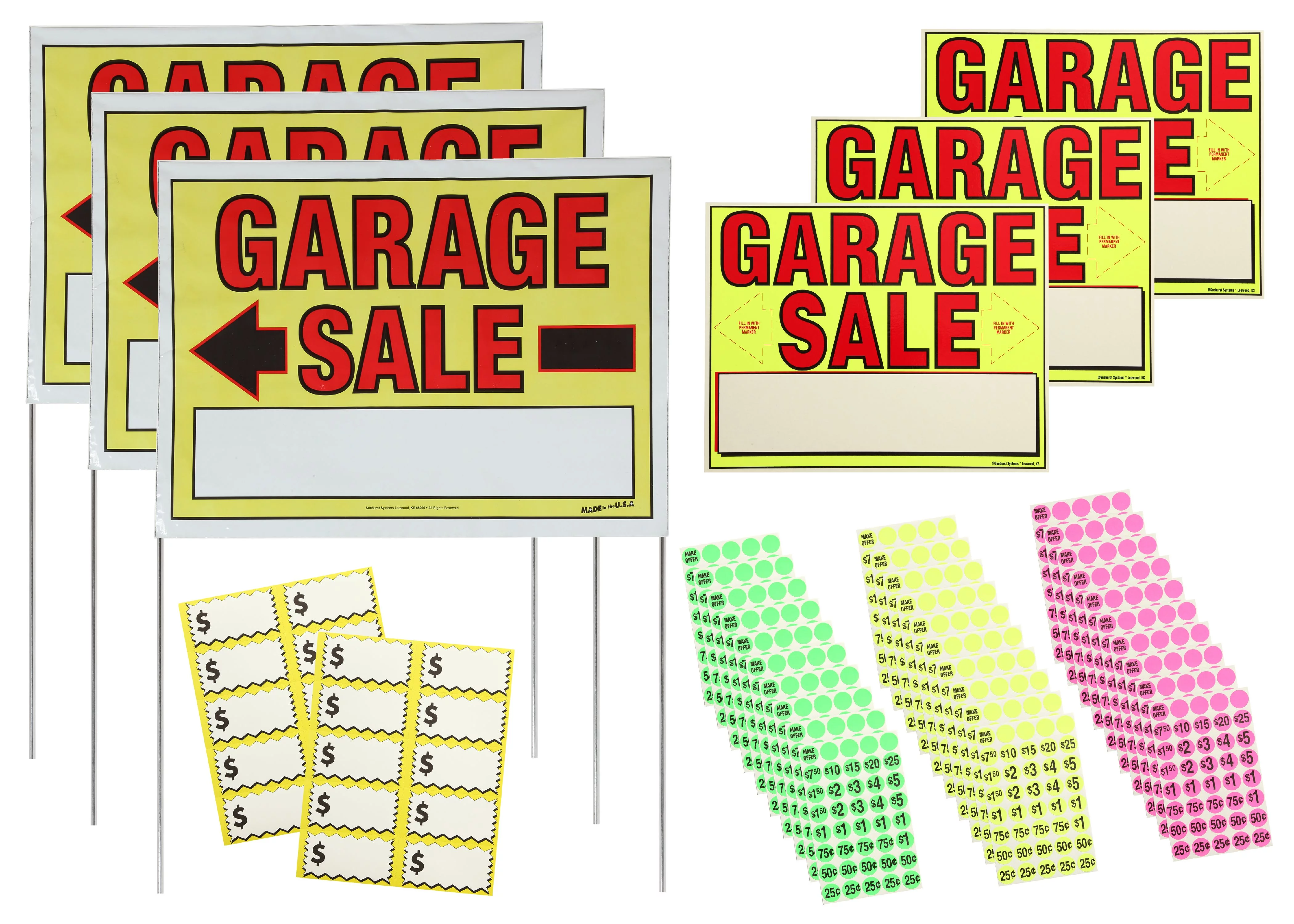 Sunburst Systems 3030 Garage Sale Sign Kit Includes: 3) Large Garage Sale Signs, 3) 11 x 14 Garage Sale Signs 1,200) Yellow, Pink & Green Price Stickers, and 20) Large Pricing Cards