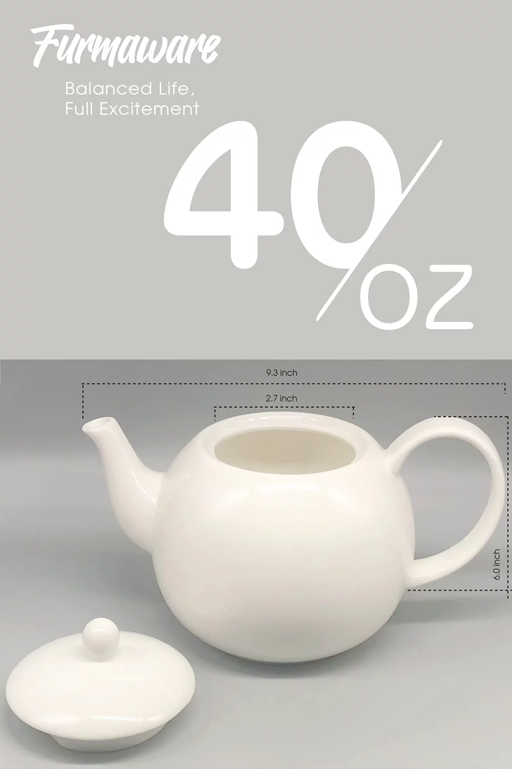 Furmaware 40oz Porcelain Teapot for Brewing Your Favorite Blooming and Loose Leaf Tea. Easy Pouring Teapot