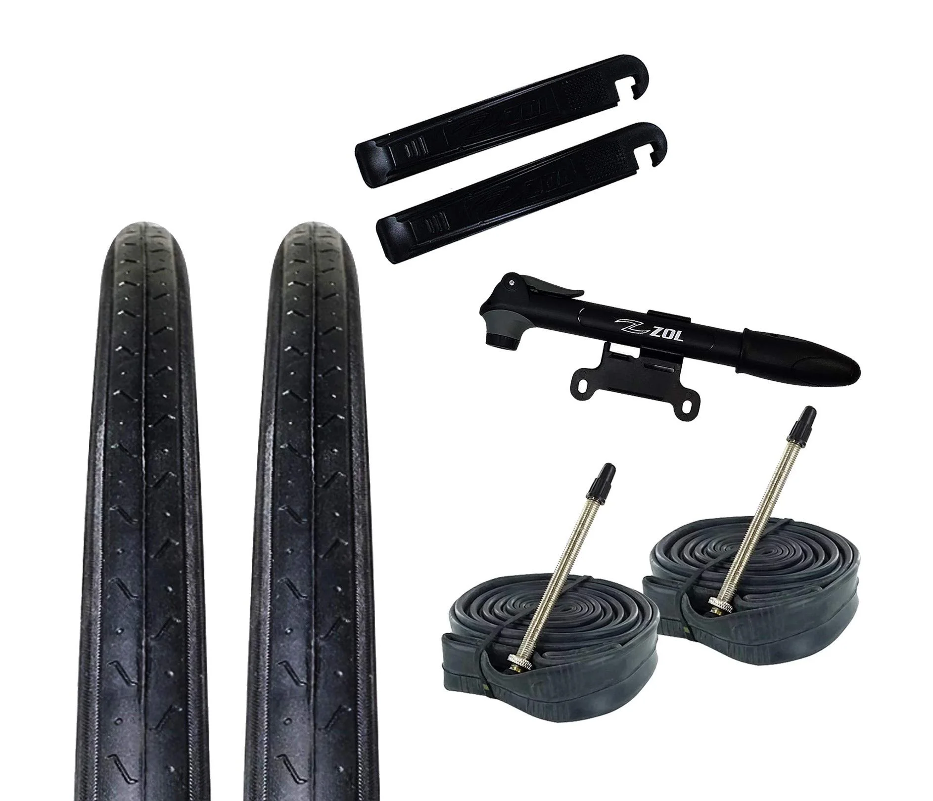 Zol Bundle 2 Pack Z1179 Road Tires, 2 Bike Tubes 700x23C Presta/French, 2 Tire Levers and 1 Zol Mini Pump (80mm)