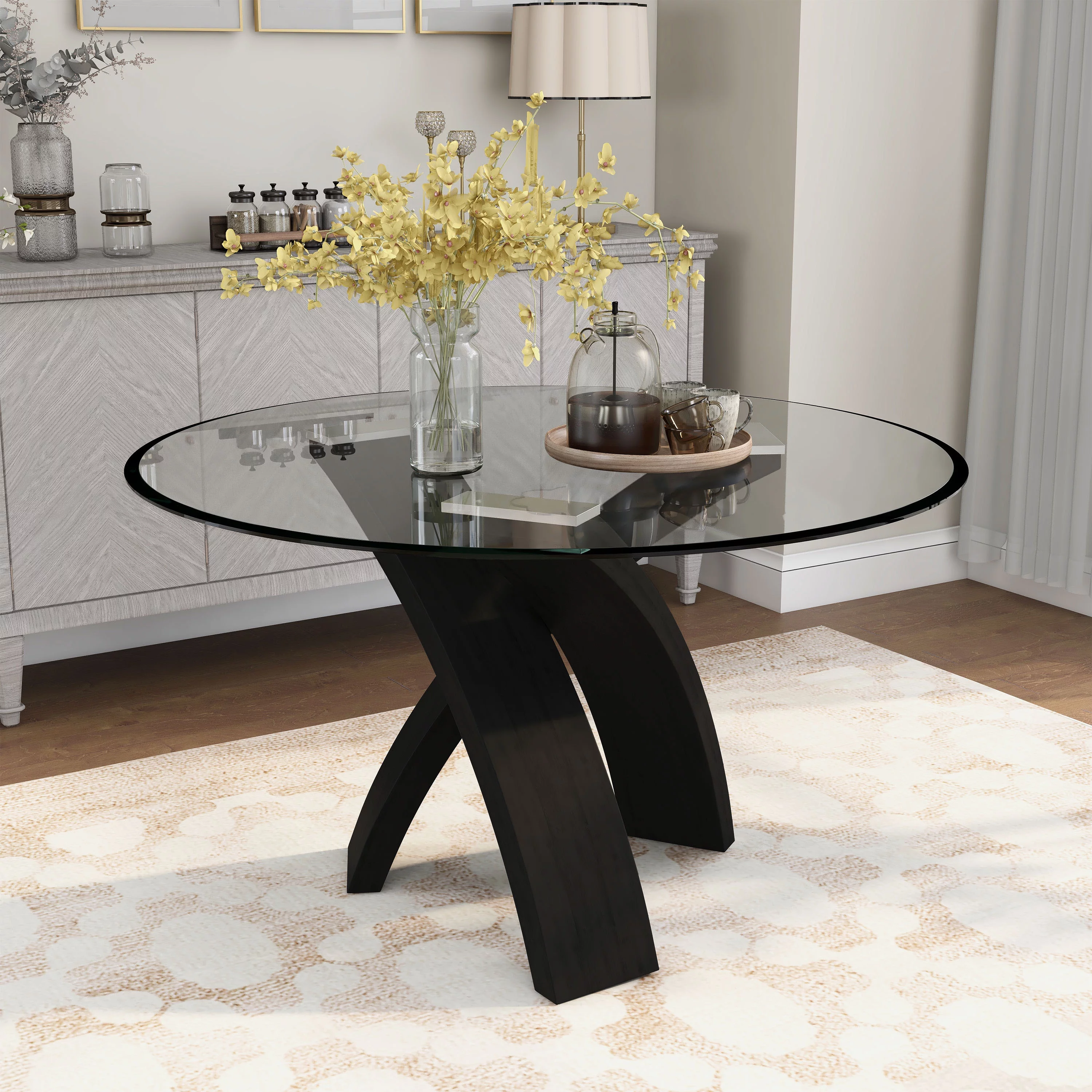 Furniture of America Evans Glass Top Round Dining Table, Black