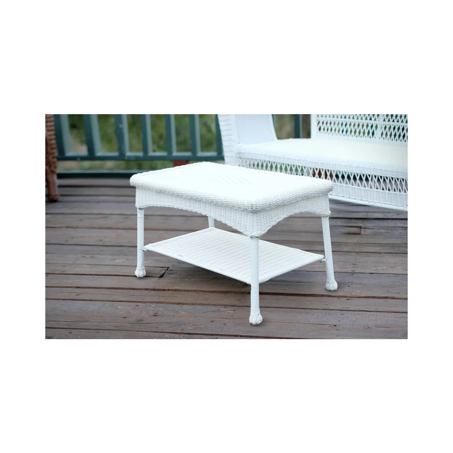 Jeco White Wicker Patio Love Seat and Coffee Table Set without Cushion