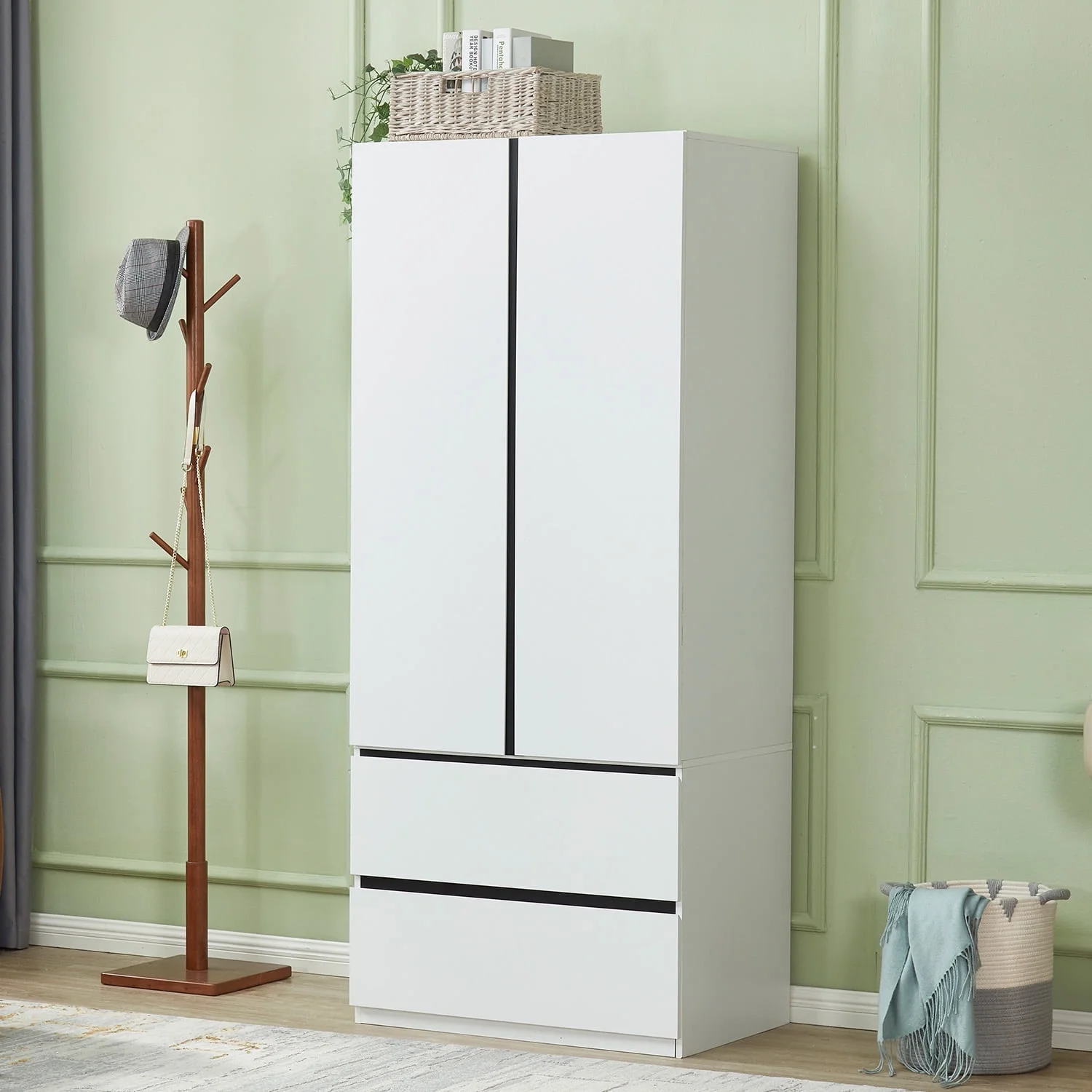 Sophshelter Wardrobe Armoire Storage Cabinet Wood: 2 Door 2 Drawers White Closet Cabinet for Large Capacity with Hanging Rod and Handles Armoire Storage Cabinet