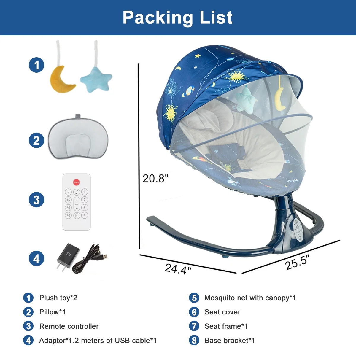 MONEHANE Baby Swing for Infants - Motorized, Bluetooth Speaker, Remote Control, Blue