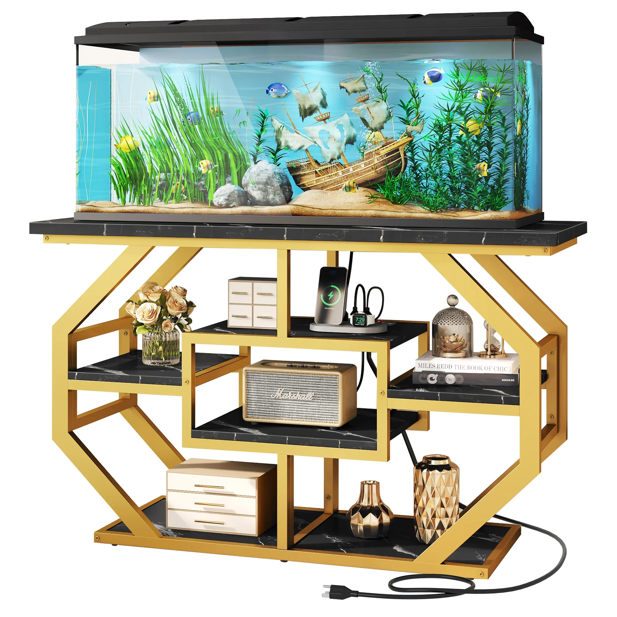 Dextrus Heavy Duty Metal Aquarium Stand with Power Outlets - Suitable for 55-75 Gallon Fish Tank Stand, Turtle Tank, Reptile Terrarium (865lbs Capacity) - Black & Gold