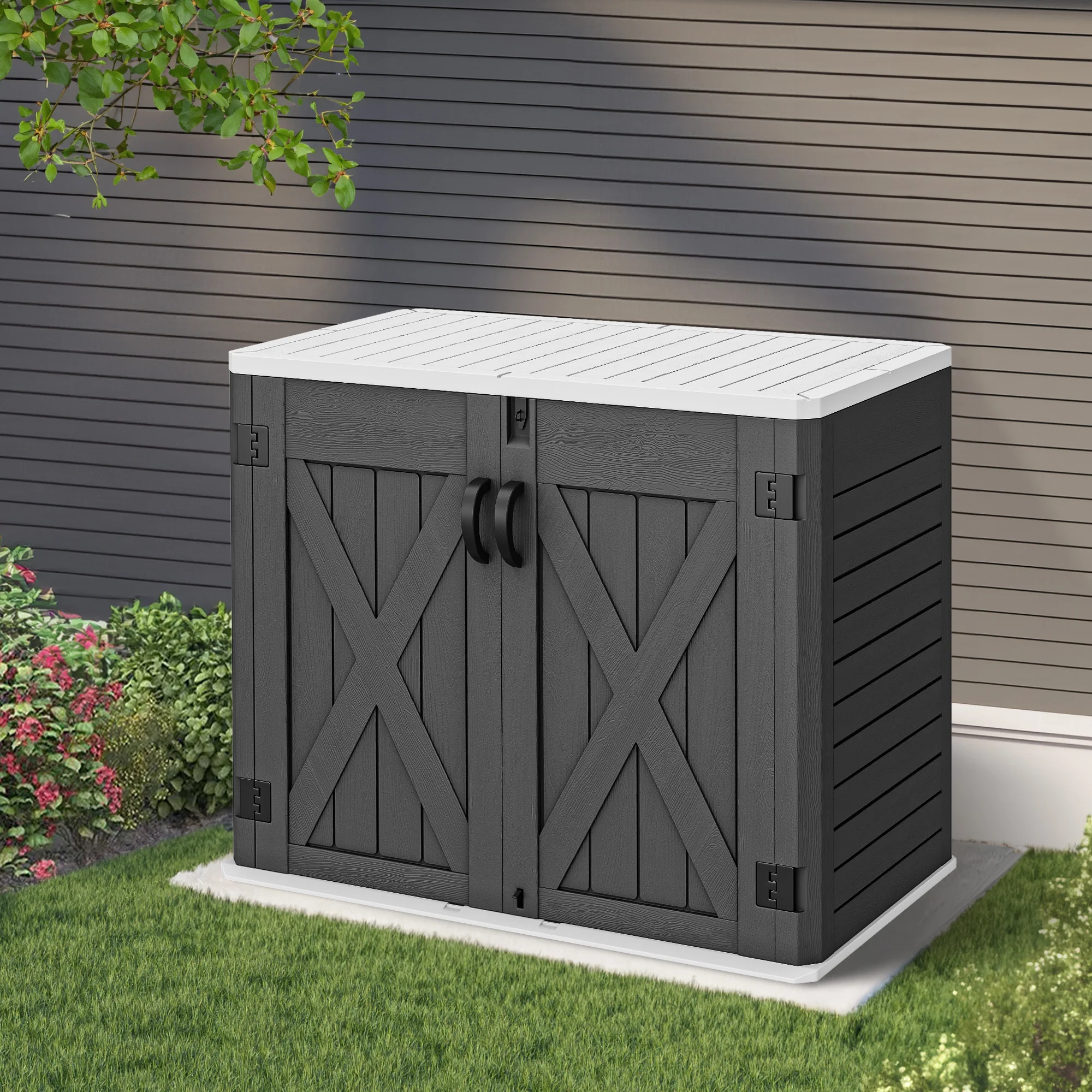Dextrus Outdoor Horizontal Storage Shed with X-Shaped Lockable Door, 35 Cu Ft Weather Resistant Resin Tool Shed