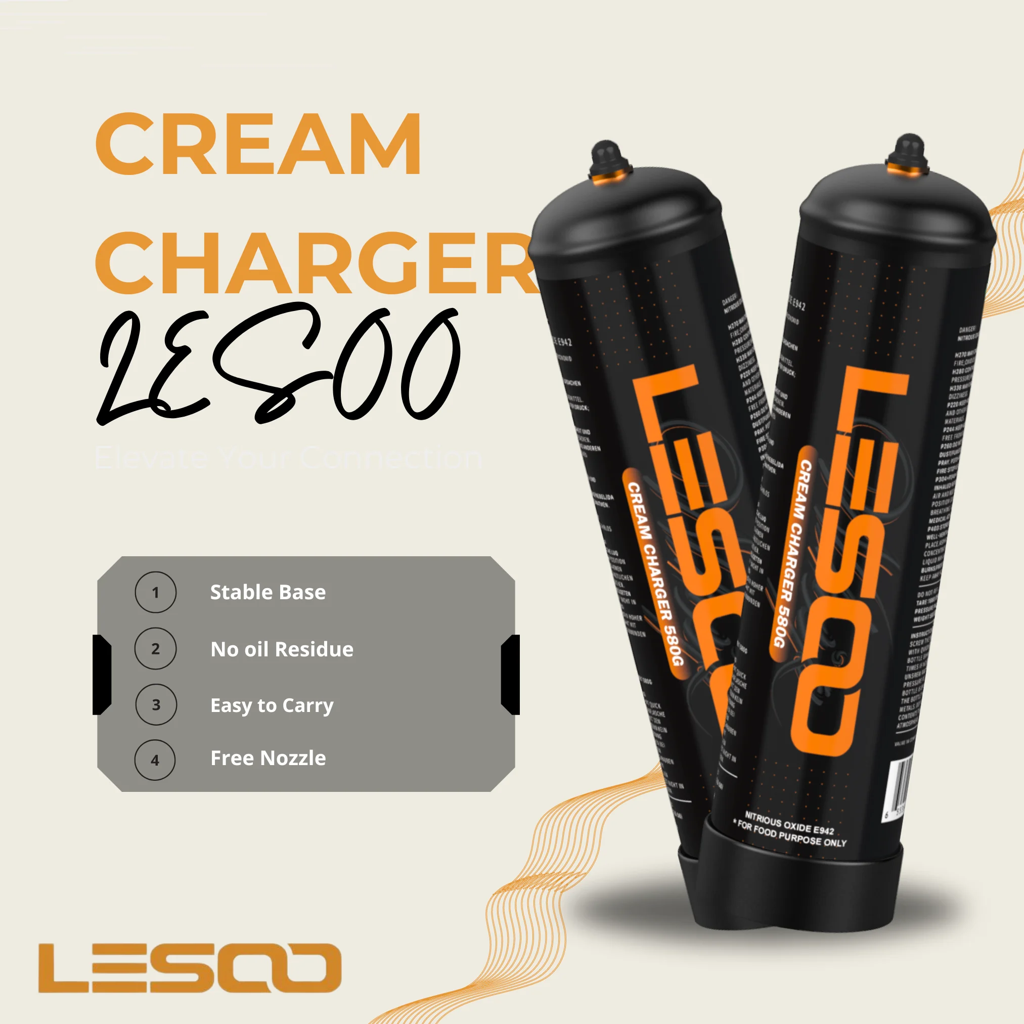 LesooWhip Whipped Cream Charger Pure 0.99L N2O Whip Cream Charger 615G Whipped Cream Cartridge ( 5 Cylinders)