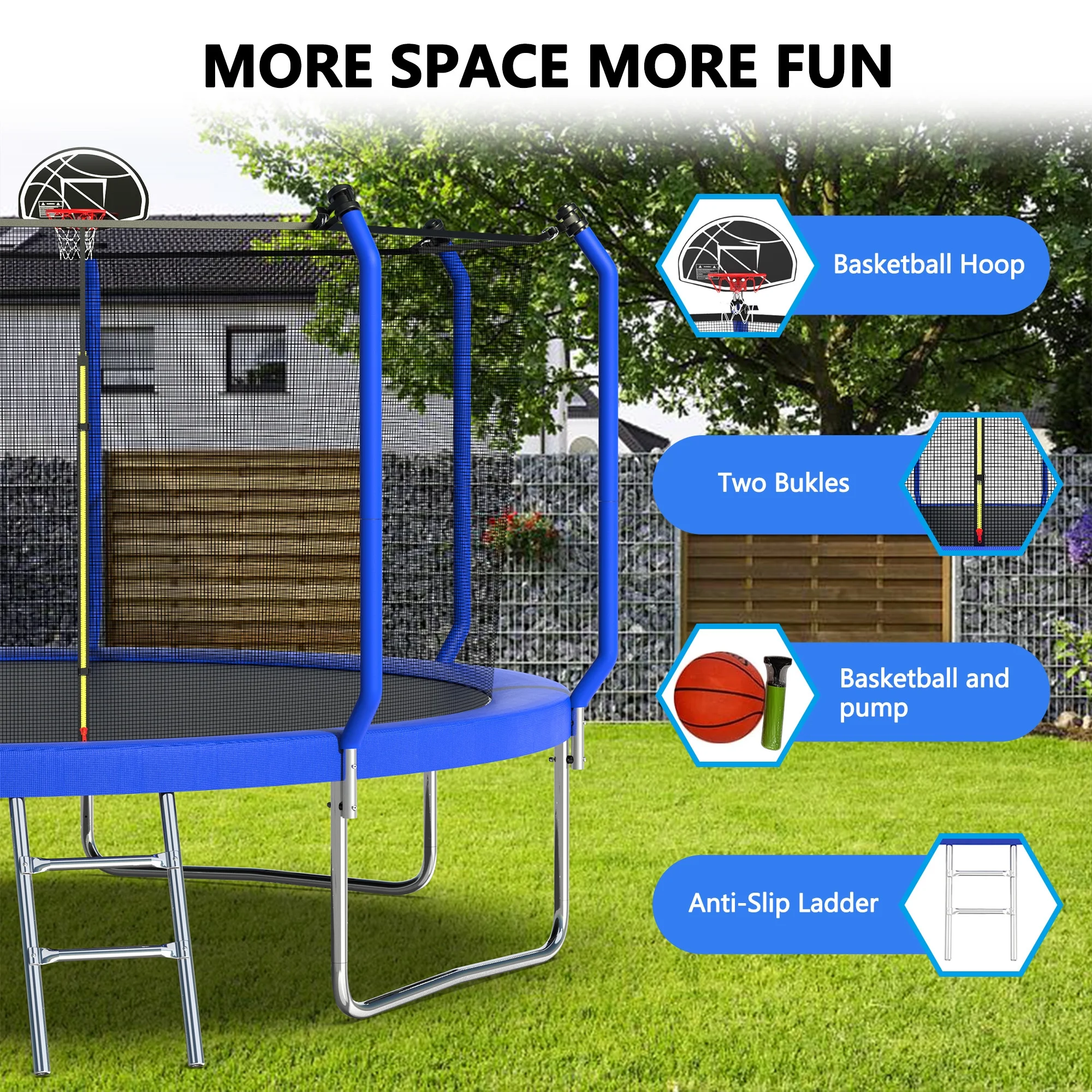 Soges 12FT Trampoline with Basketball Hoop, Reinforced Outdoor Trampoline with Enclosure Net, 1300LBS Capacity for 4-6 Kids