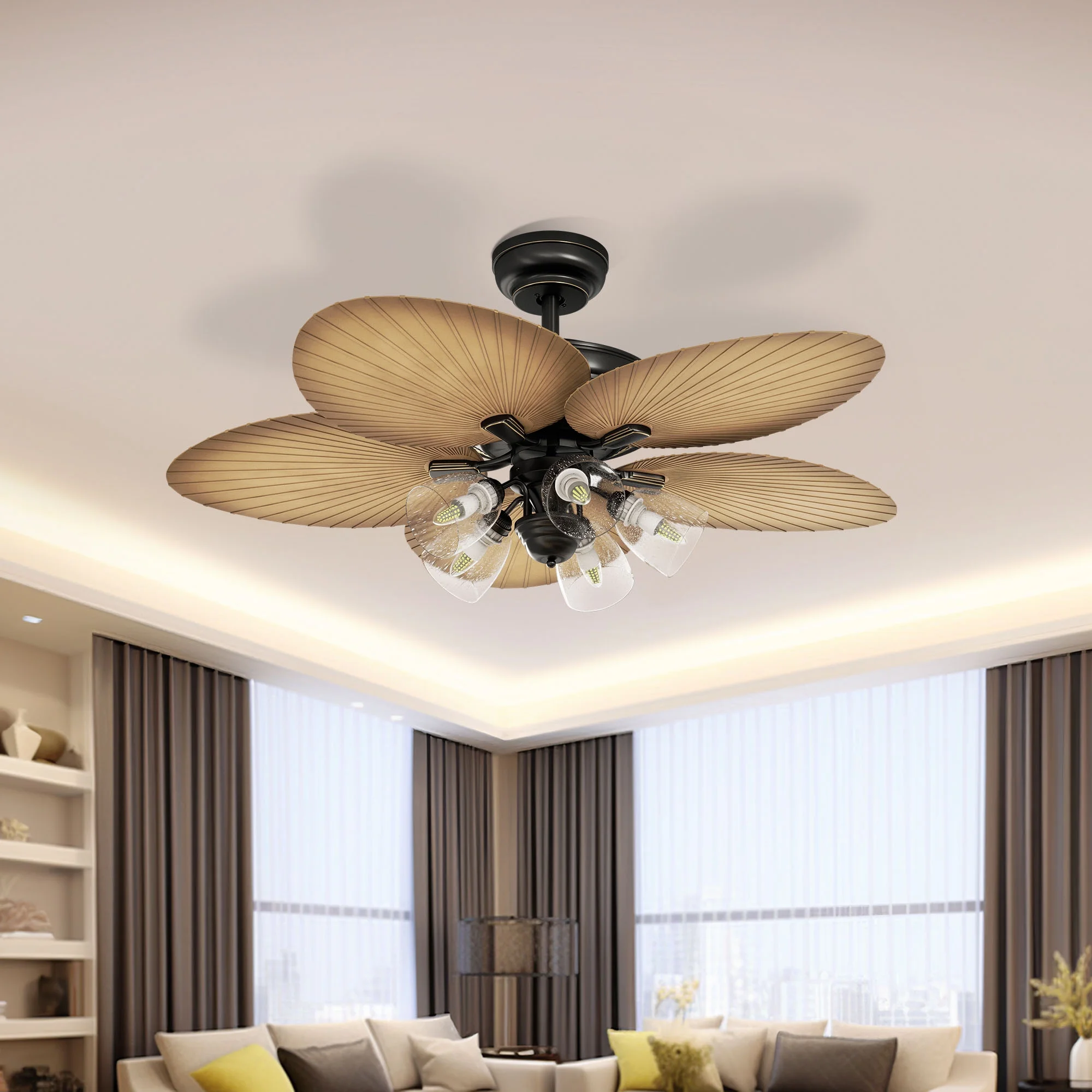 Dextrus 52in Tropical Ceiling Fans with Light and Remote, 5 Palm Leaf Blades, 3 Speed, Timer - Black & Brown