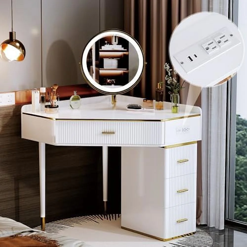 GEROBOOM Modern Corner Vanity with Lighted Mirror Large Size Corner Dresser  Dressing Table with 4 Drawers  Cabinet and Rotating Mirror with Power Strip and Nightstand Writing Desk White