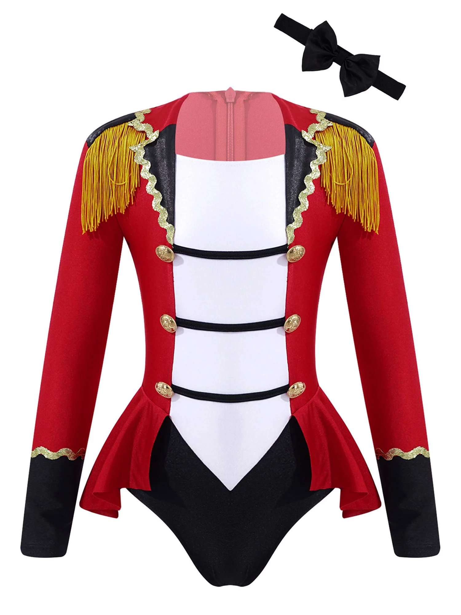 TiaoBug KIds Girls Ringmaster Circus Costume Long Sleeve Tassel Tailcoat Leotard Bodysuit with Bow Tie Hat Magic Wand Gloves Red 10