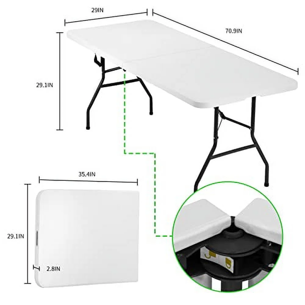 Folding Table, 6 FT Portable Camping Picnic Table, Plastic Folding Table with Handle, Indoor Outdoor Dining Table for Parties, Backyard Events, White
