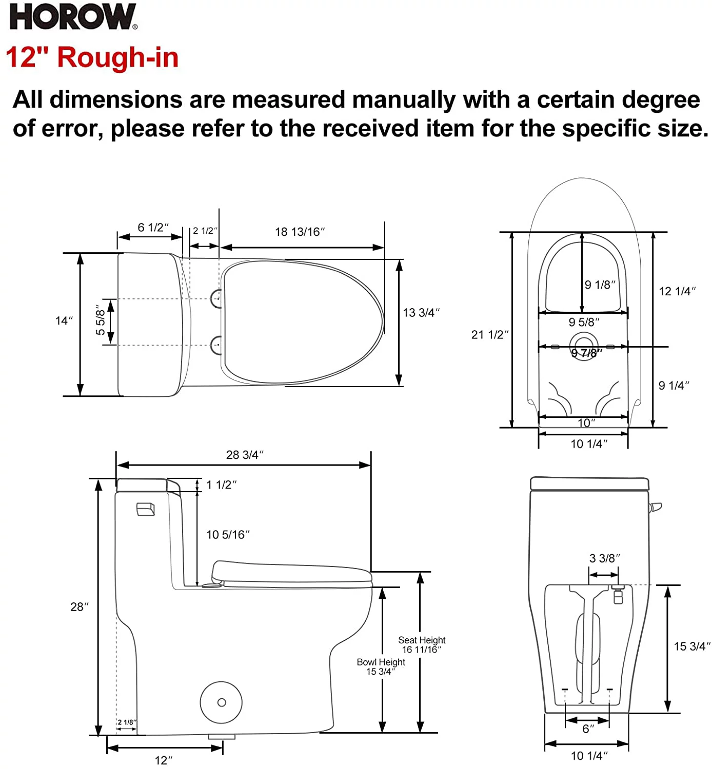 HOROW One Piece Elongated Toilet with Left-Hand Trip Lever, 1.28 GPF, 12'' Rough-In Single Side Flush Toilet for Bathroom, with Soft Closing Seat