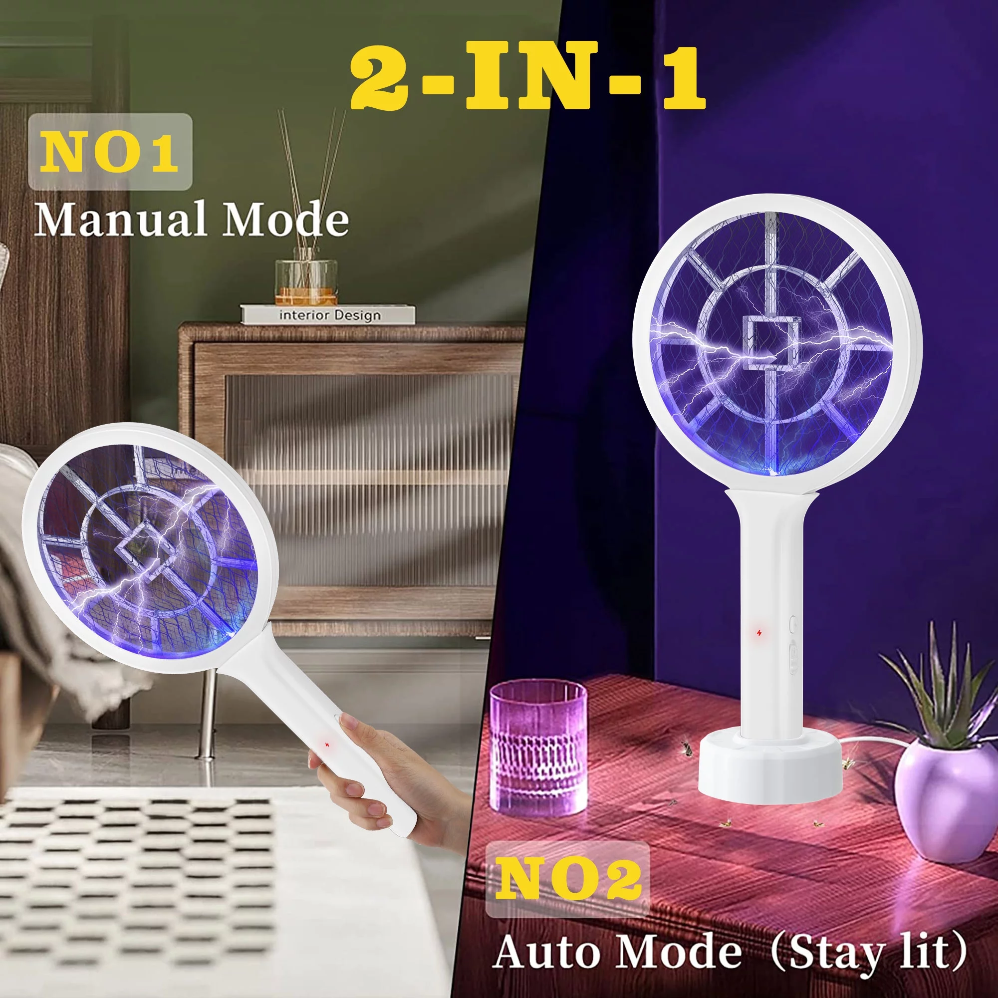 Electric Fly Swatter Racket 3000V Bug Zapper Dual Modes Mosquito Killer with Purple Mosquito Light Rechargeable for Indoor Home Office Backyard Patio Camping (White)