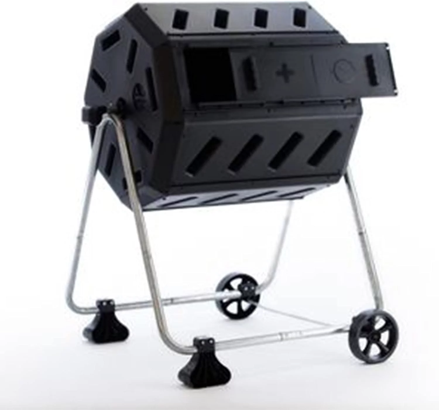 37 Gallon Plastic Dual Chamber Tumbling Composter Outdoor Elevated Rotating Garden Compost Bin With Wheels, Black/Black