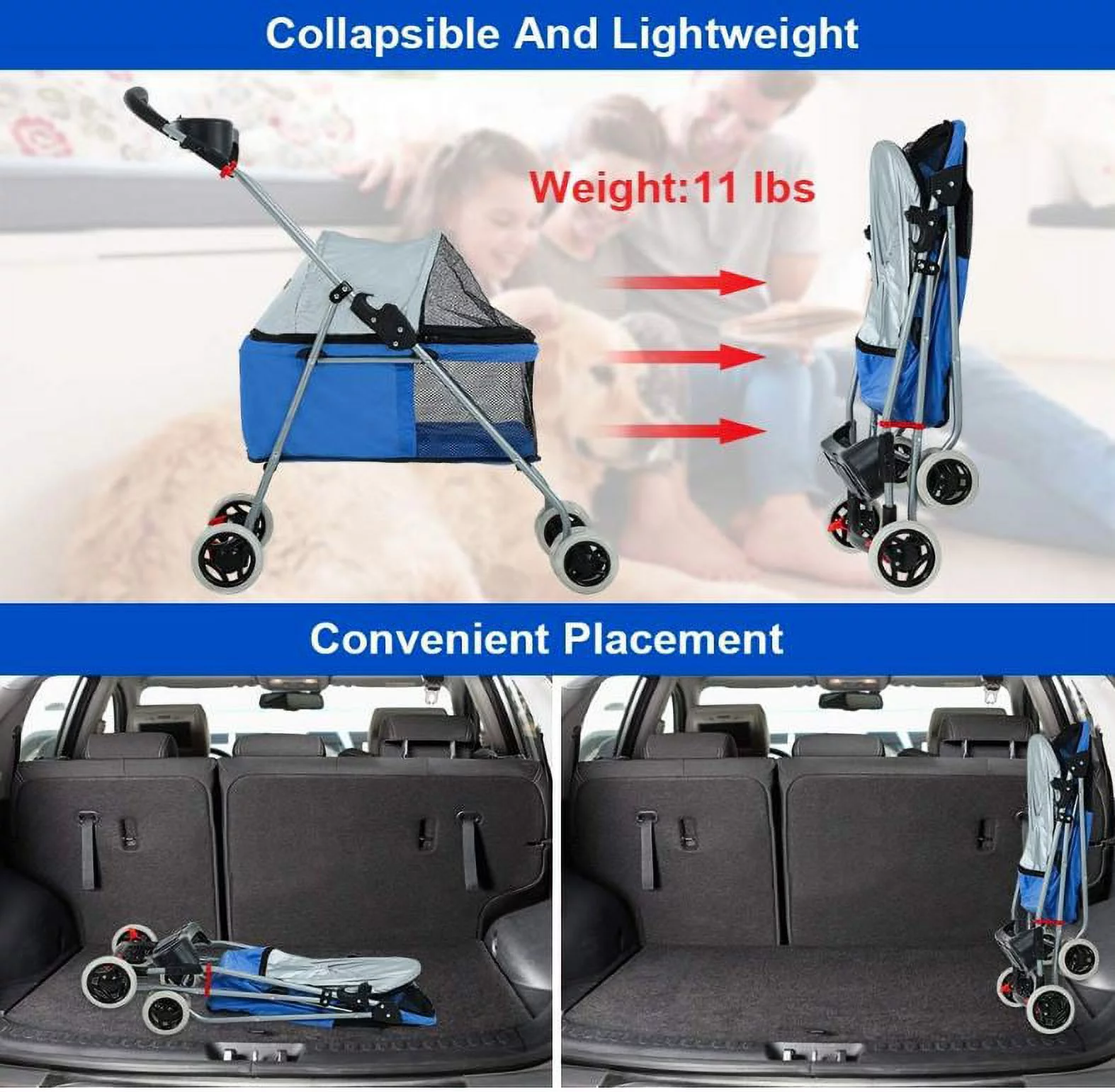 BestPet Blue Skin 4 Wheels Posh Pet Stroller with Cup Holder