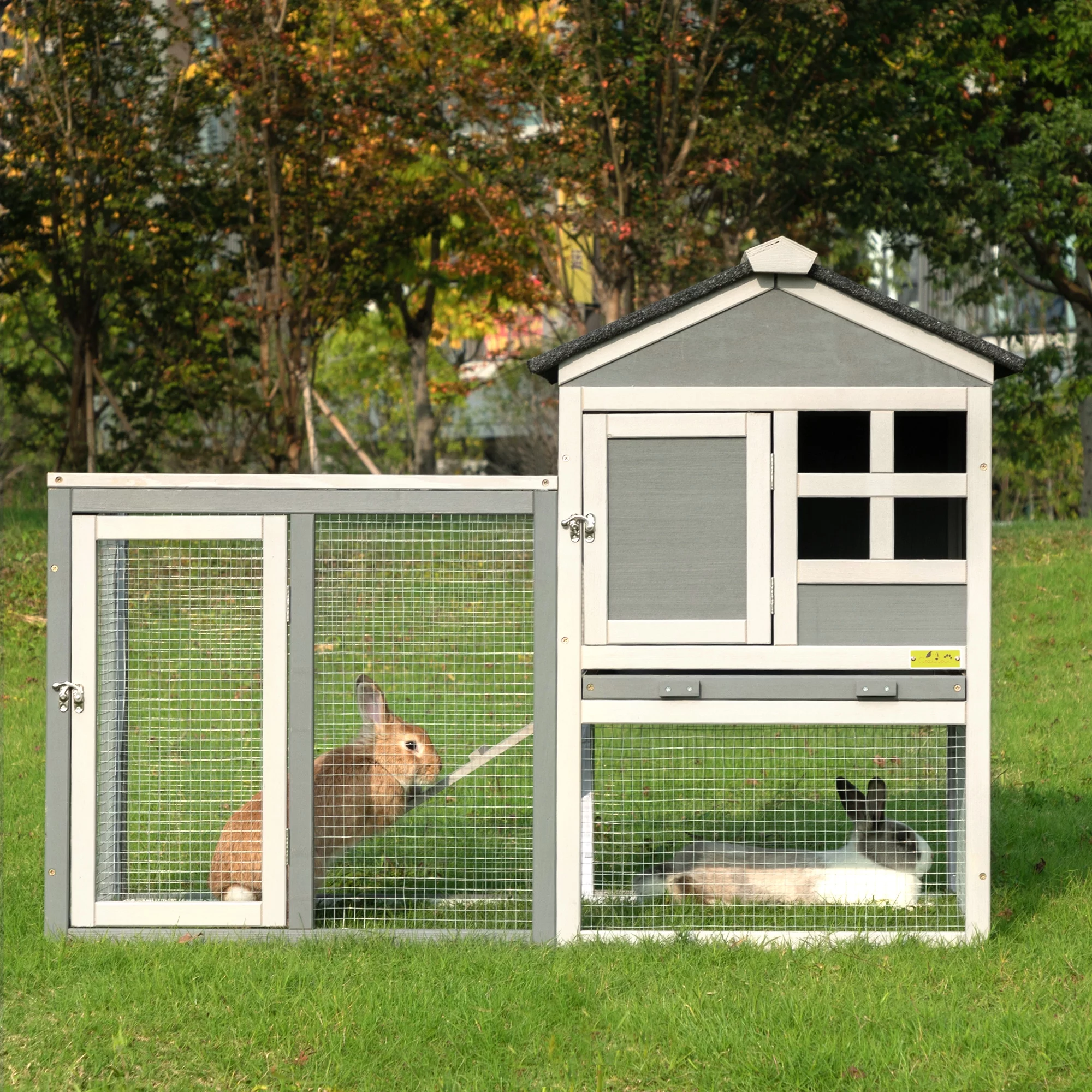 Coziwow Wooden Rabbit Hutch Small Animal Cage Guinea Pig Coop W/ Openable Roof, Gray
