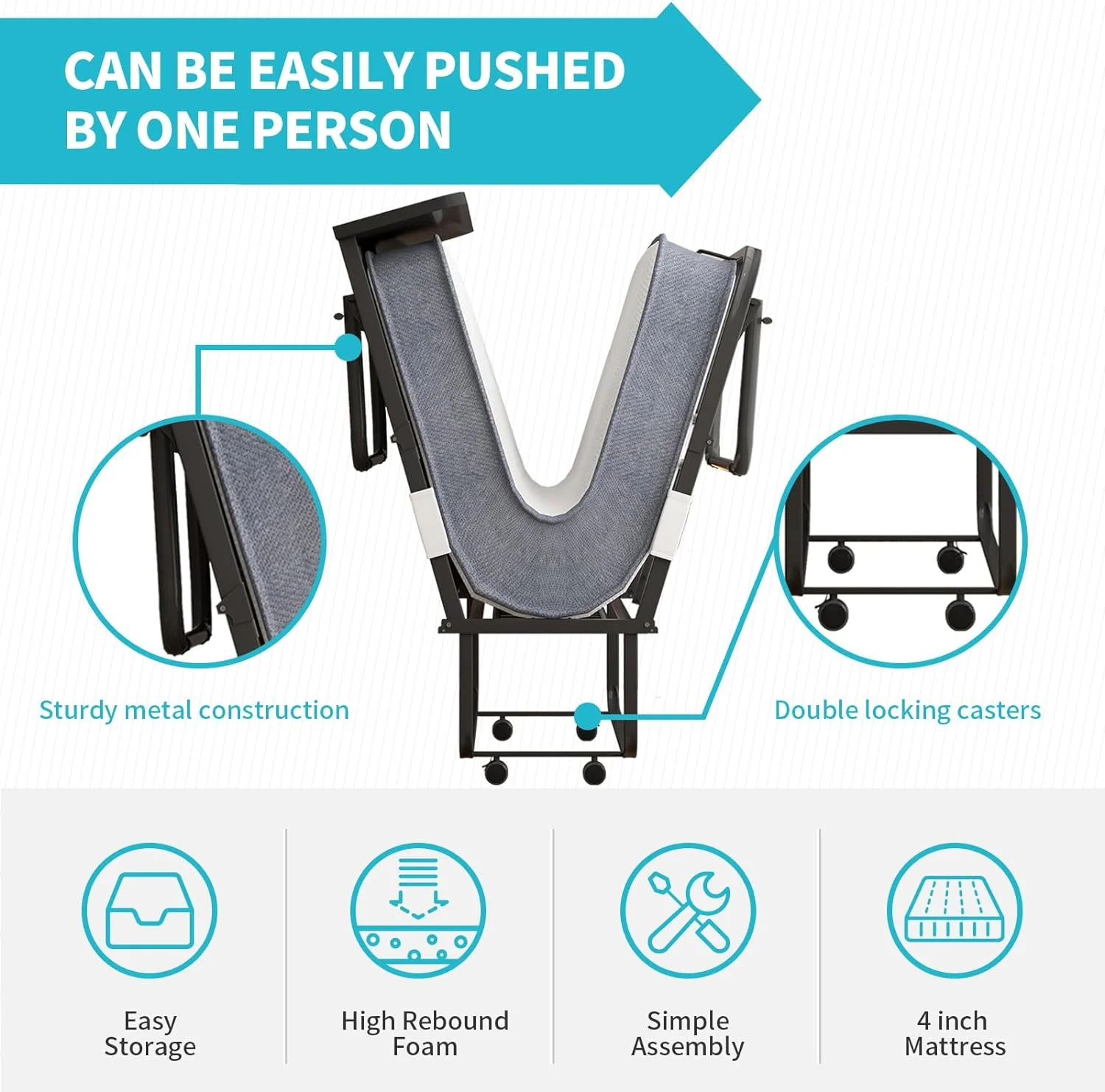 U-ToBe Folding Bed with 5 Inch Mattress and Headboard, 75 x 31 Inch, Cot Size Rollaway Bed, Space Saving Portable Foldable Guest Bed with 4 Lockable Wheels (Upgraded Mattress|5 Inch)