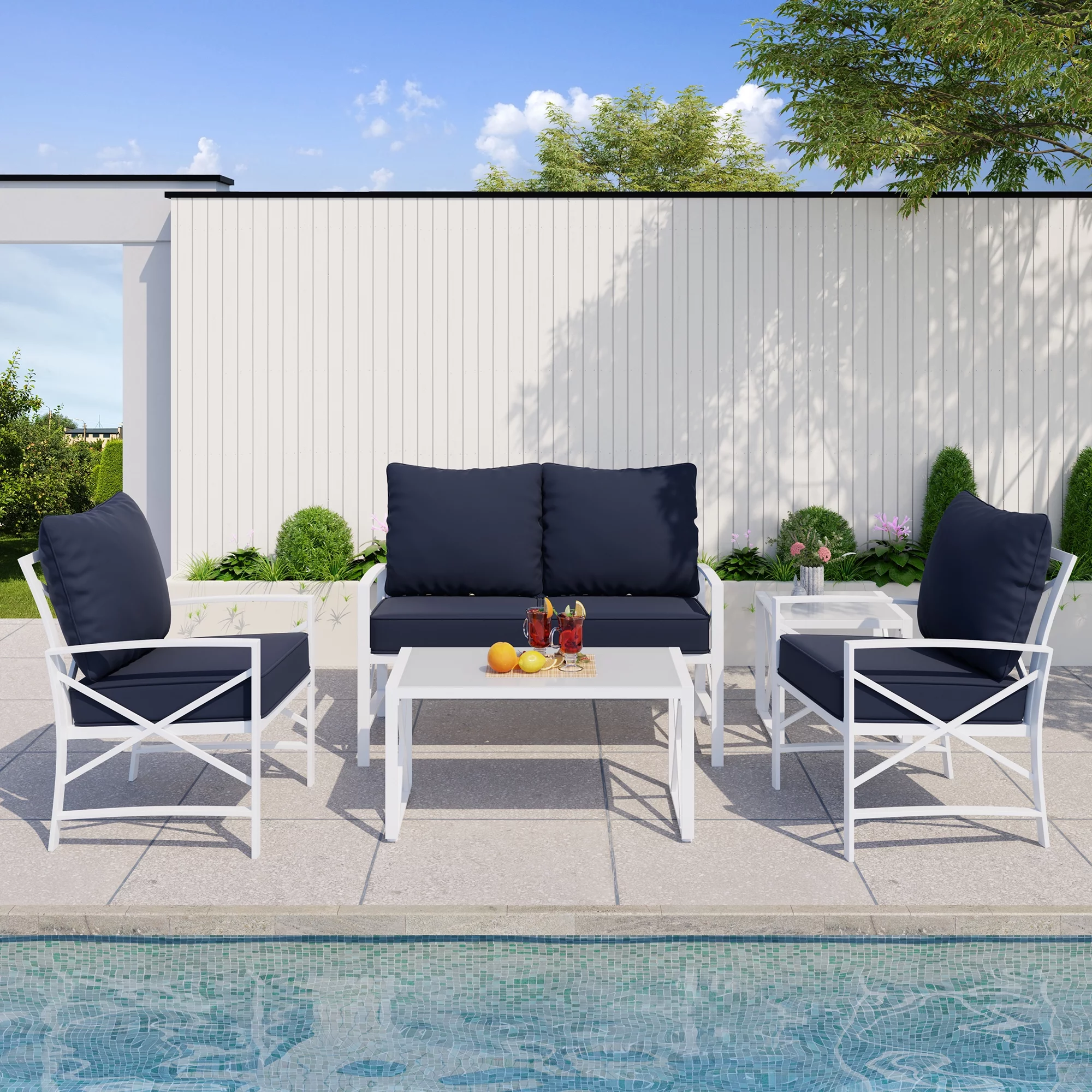 Walsunny 5-Piece Patio Furniture Set, Outdoor Furniture with Loveseat Sofa Coffee Table Metal Patio Set with Detachable Cushions Navy Blue