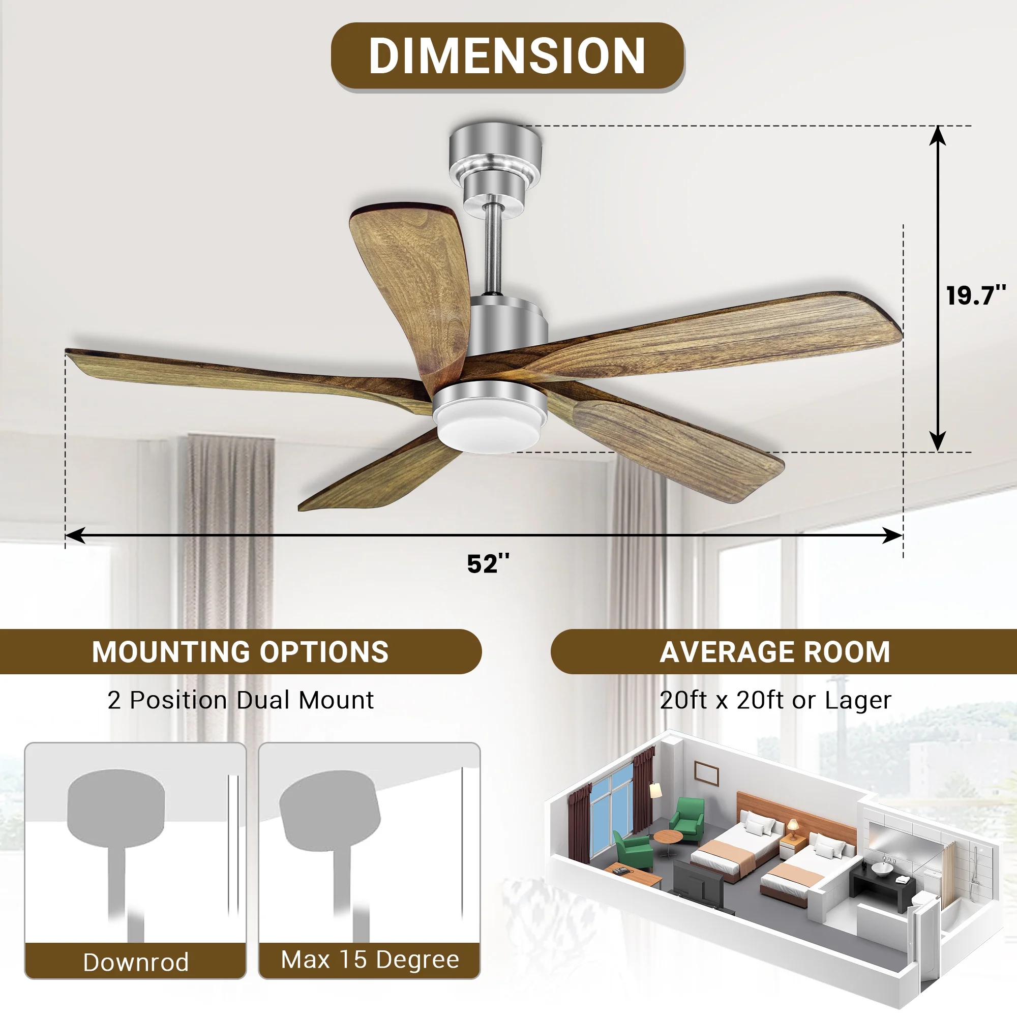 52 Inch Ceiling Fan with Remote Control, Outdoor/Indoor Wood Ceiling Fans with 6 Speeds Reversible DC Motor, Silver with 5 Blades