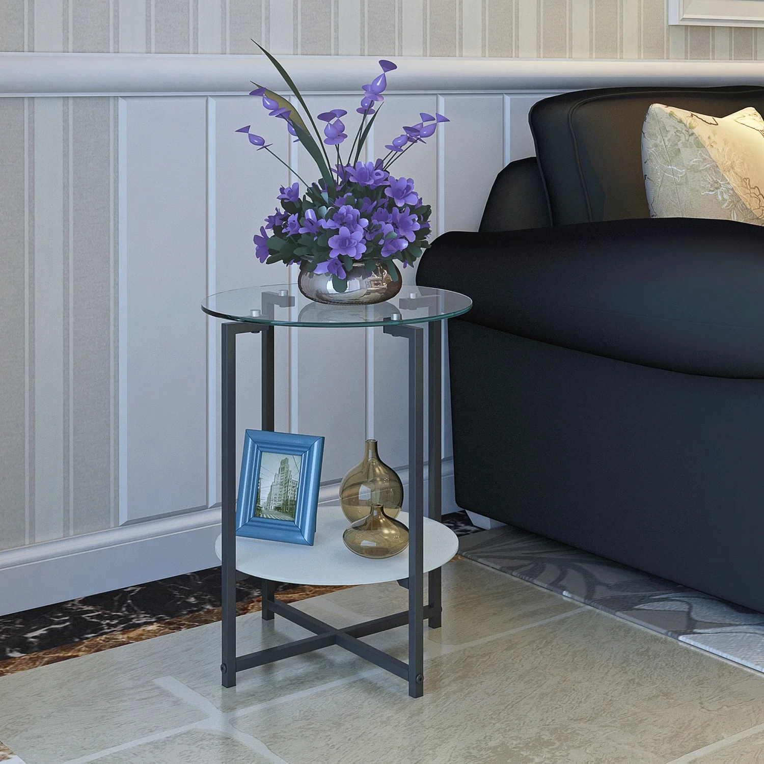 Elegant and Modern 2-Layer Black Tempered Glass End Table  Stylish Round Coffee Table for Office  Living Room  and Bedroom