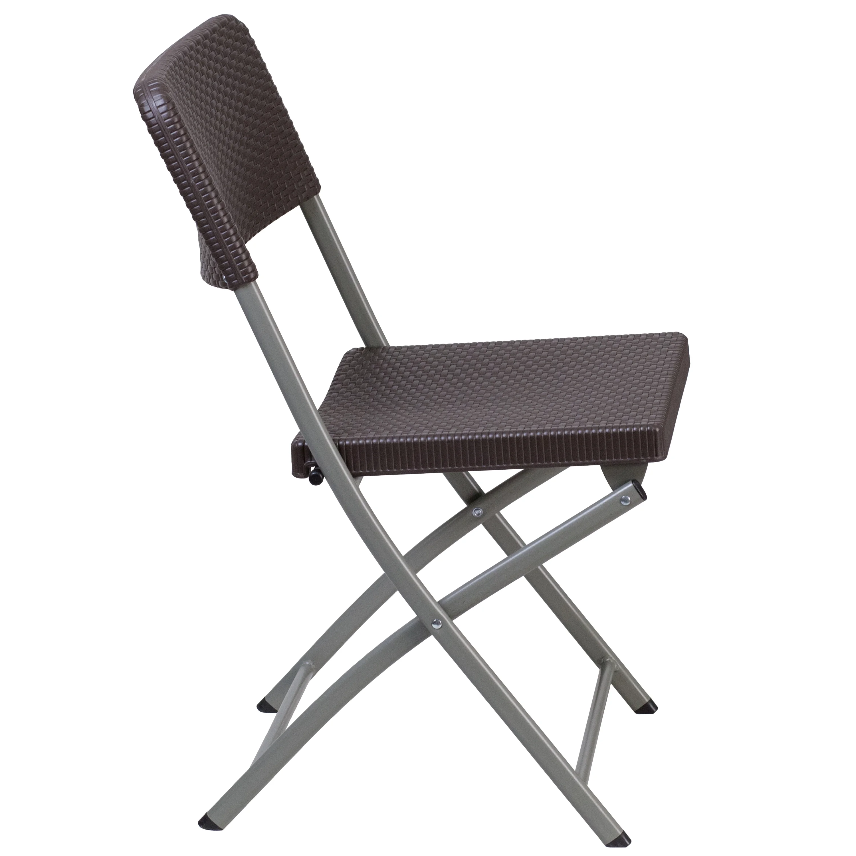BizChair 2 Pack Brown Rattan Plastic Folding Chair with Gray Frame