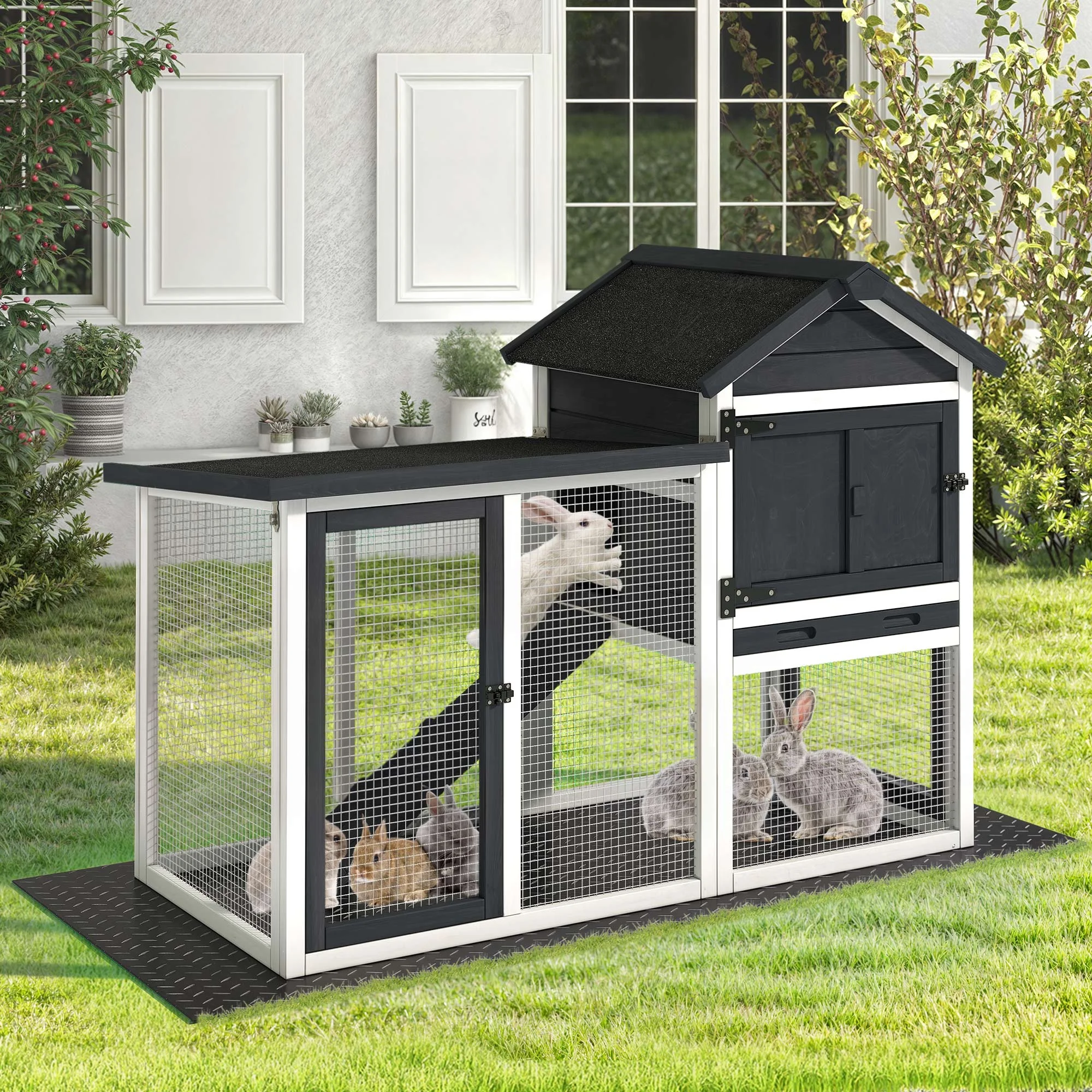 Dextrus Wooden Rabbit Hutch Bunny Cage Guinea Pig House with Waterproof Roof, PVC Mat, Pull-Out Tray - Black