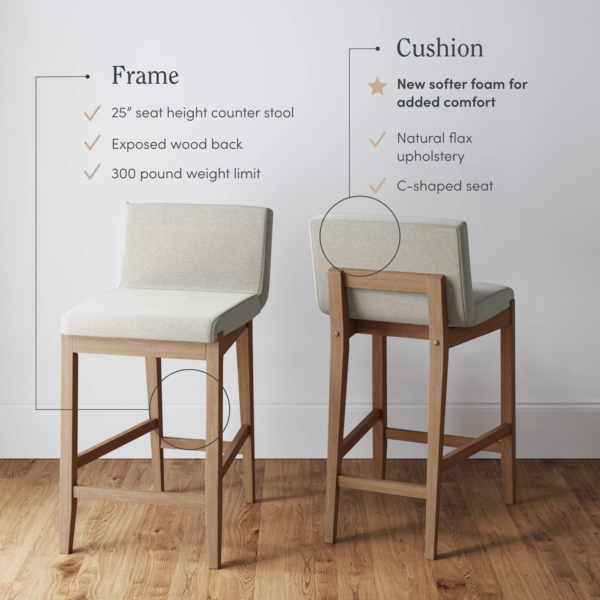 Nathan James Gracie Modern Counter Height Bar Stool with Back, Counter Stool Upholstered Chair with Natural Flax White Fabric and Brushed Wooden Legs