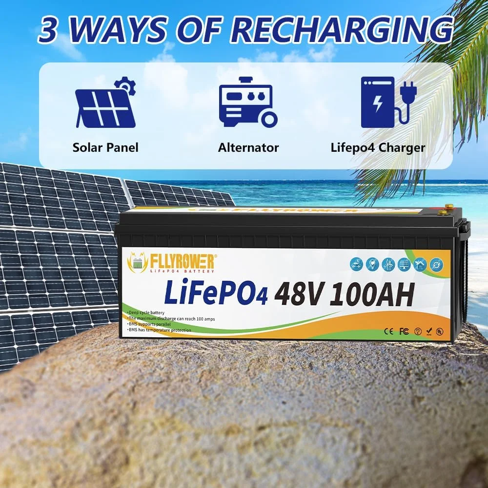 FLLYROWER Lifepo4 Battery 48v 100ah with Grade A Cells and 150A BMS for Trolling Motor Golf Cart RV Camping Car Solar Panel Support Parallel Include a Charger